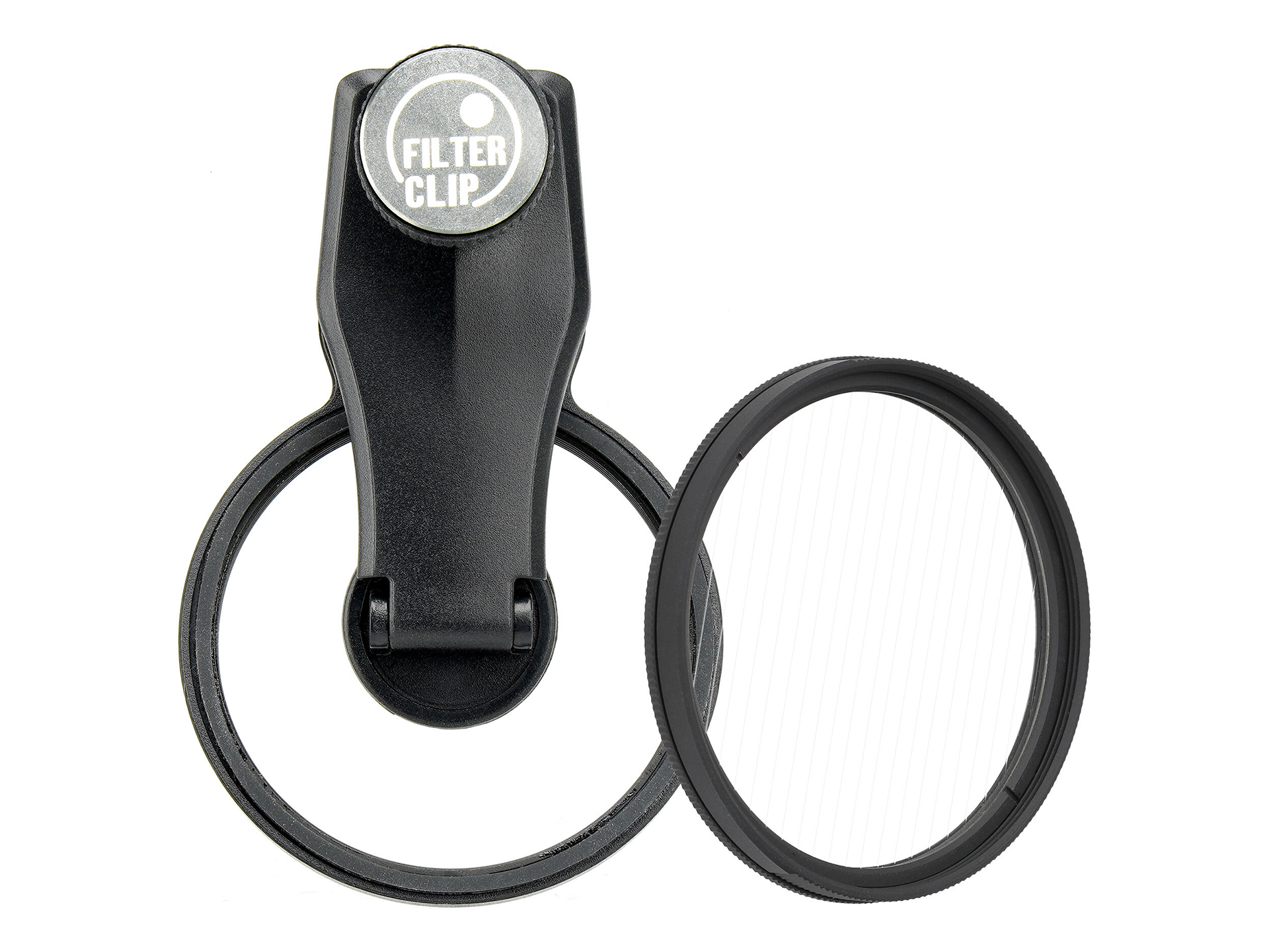 フィルターをスマートフォンに取り付けるクリップ（左）と特殊効果フィルター（右）