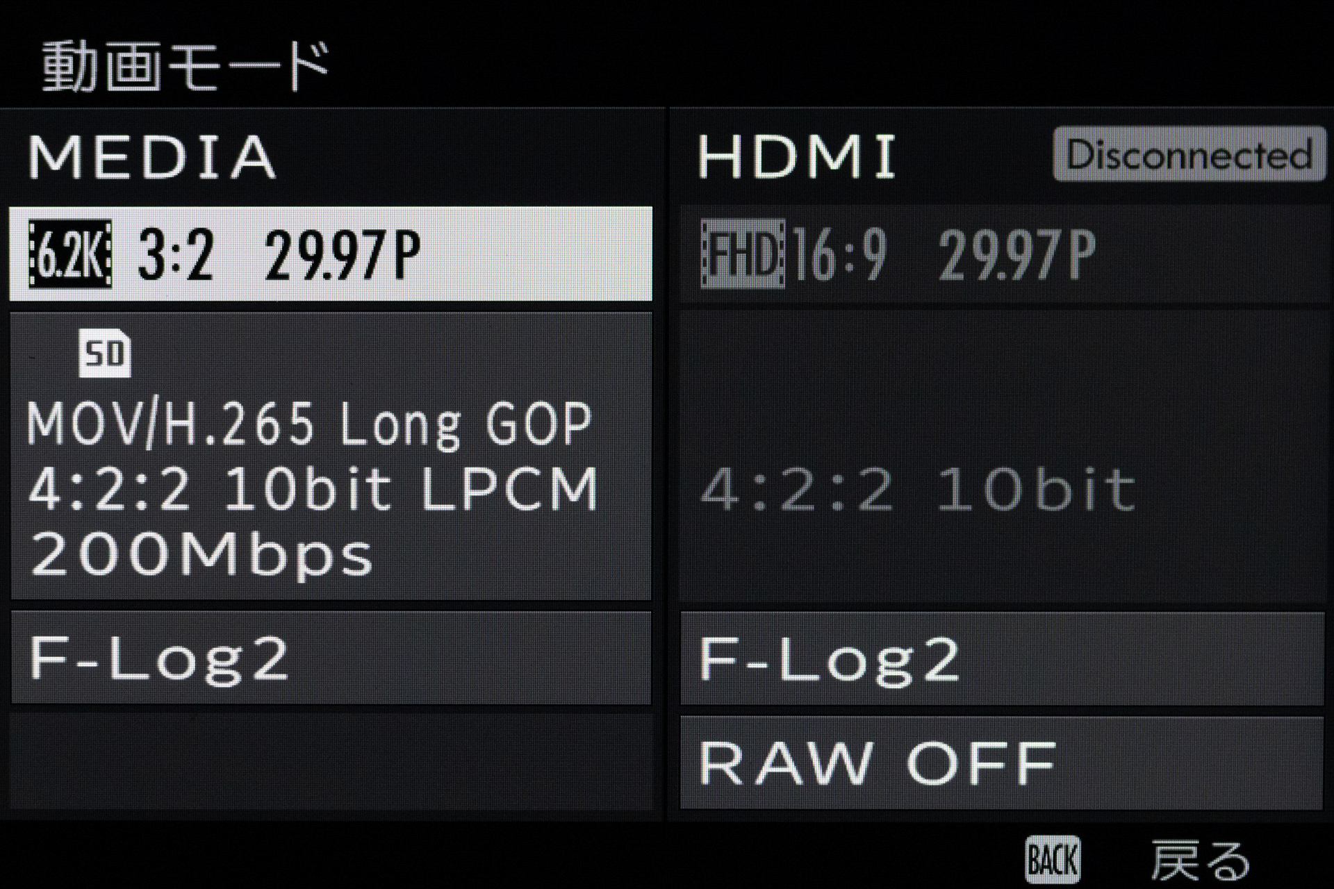 6.2K、4:2:2、10bit、F-Logなど高度な設定も可能。HDMI端子からはRAWデータも出せる
