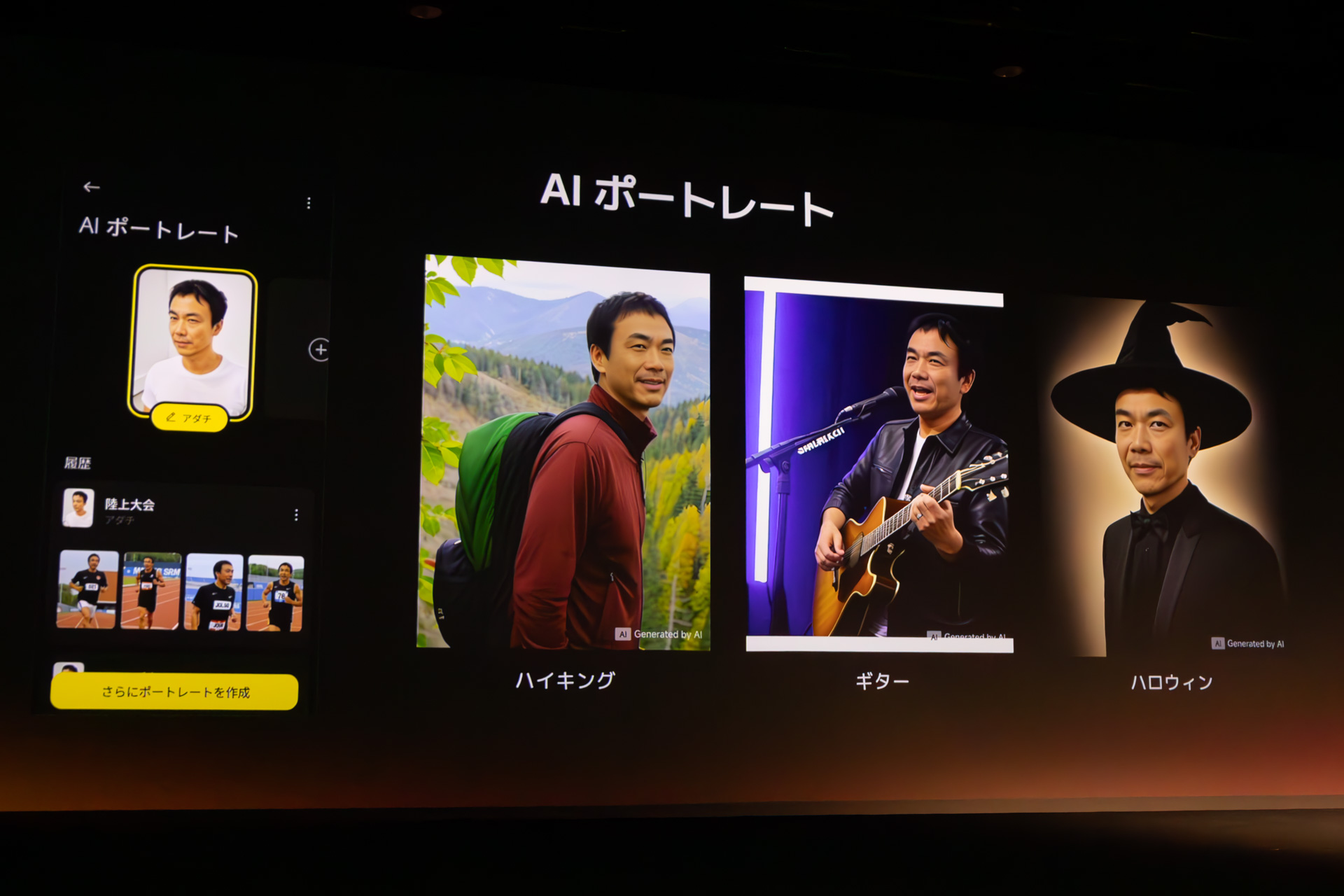 AIポートレート機能では上半身の写真を登録することで、その人の様々なシーンを生成可能