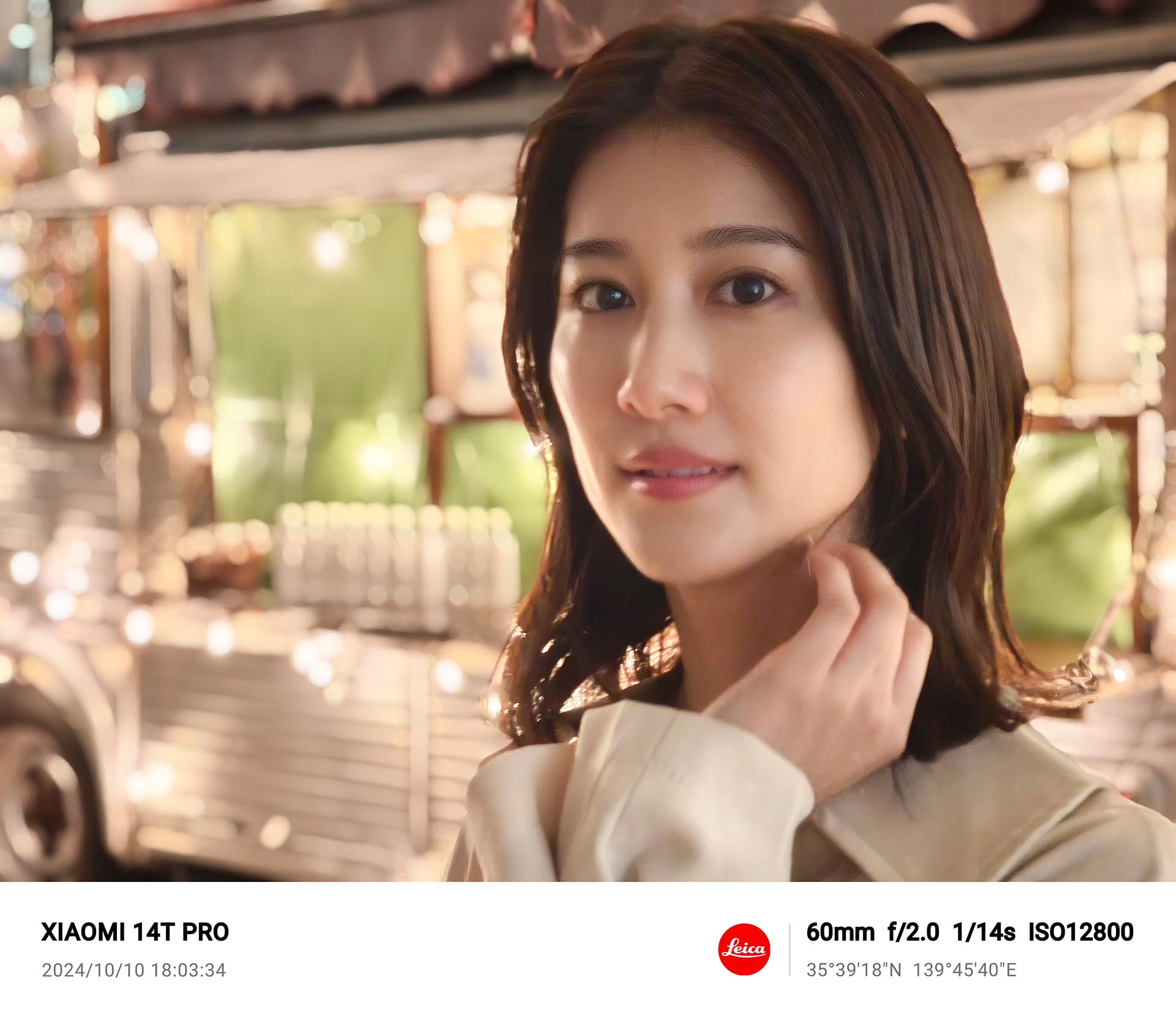 ポートレートモードの60mmで撮影。この場所はモデルにほとんど光が当たっていない状況で感度がかなり上がっているが、華やかな写りになった