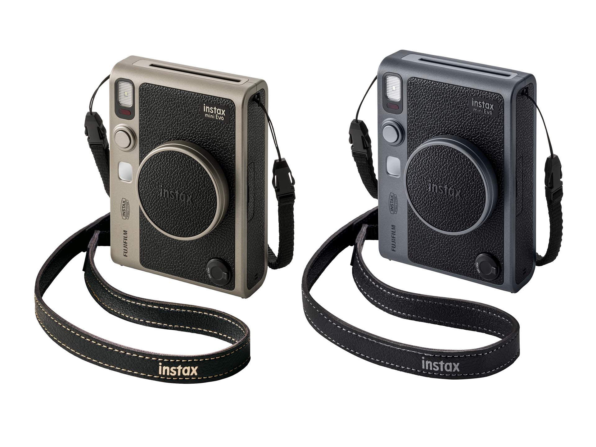 instax mini Evo「FUJIFILM 90th Anniversary Special Kit」。左からTITANIUM GOLD、DARK SILVER