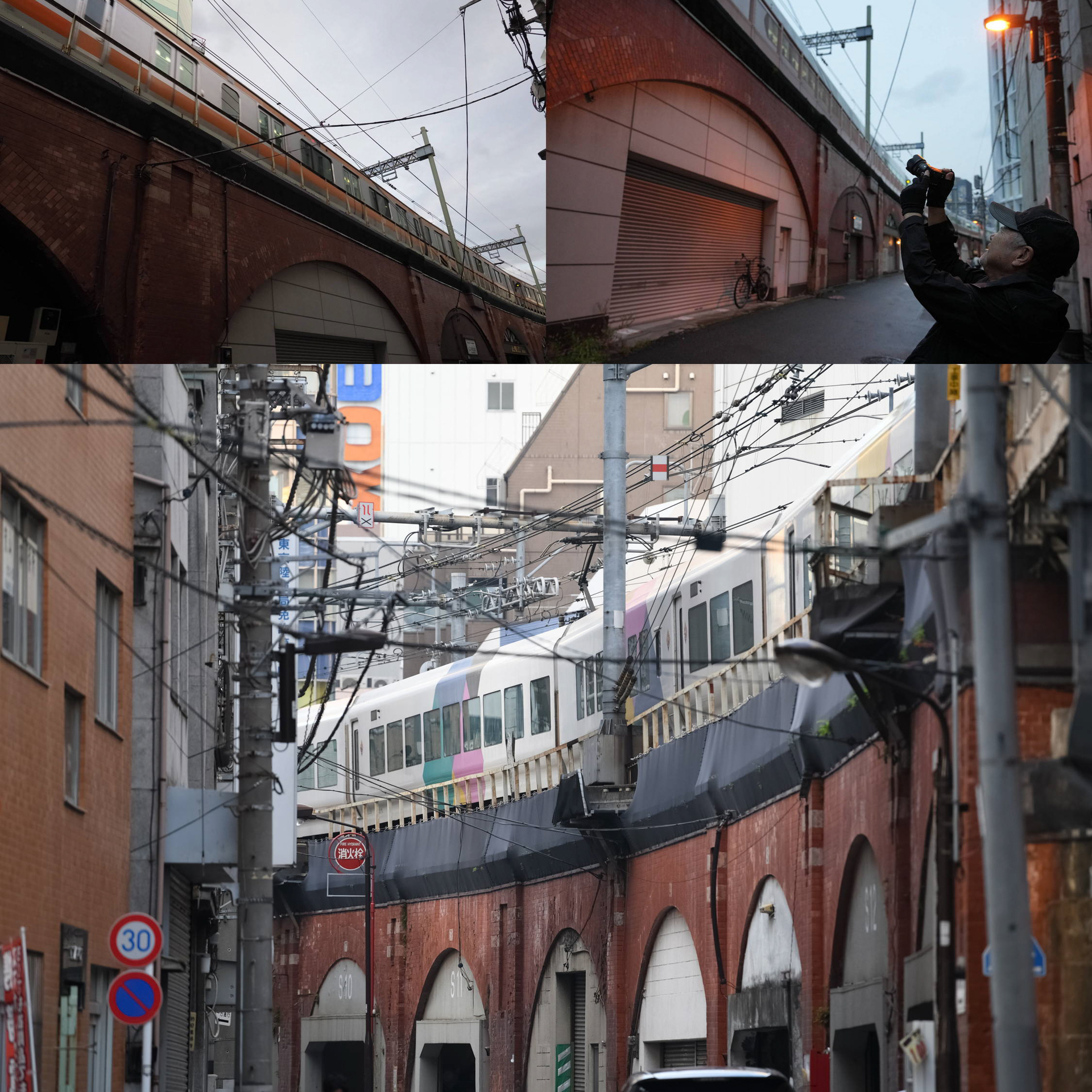 スタジオ前で時折見上げて電車を撮影する（左上）OLYMPUS E-M1 Mark II／M.ZUIKO DIGITAL ED 7-14mm F2.8 PRO／絞り優先AE（F8、1/250秒）／ISO 800（下）ニコン D850／AF-S NIKKOR 70-200mm f/2.8G ED VR II／絞り優先AE（F3.5、1/250秒）／ISO 400