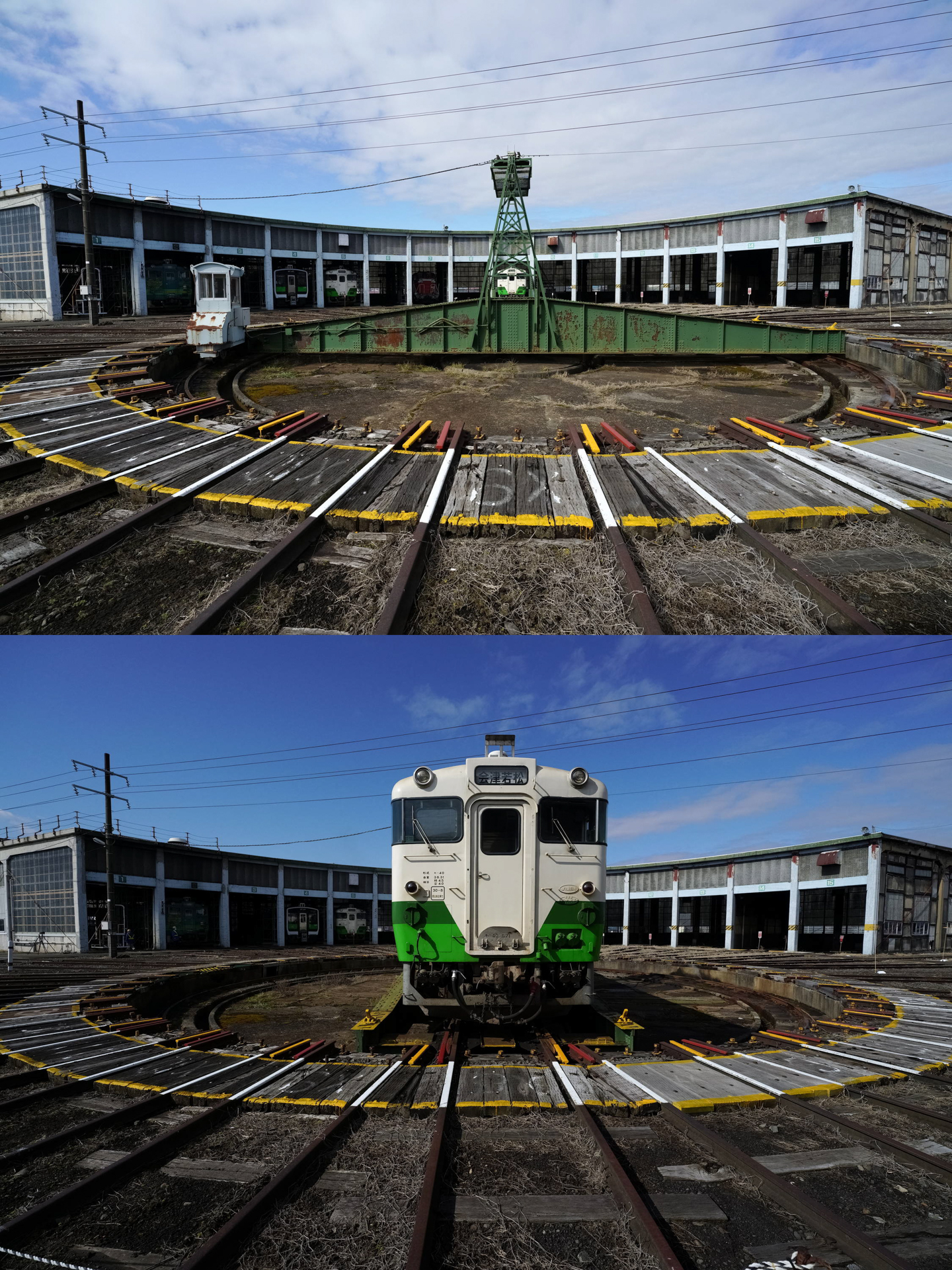 郡山総合車両センター会津若松派出構内の扇形庫と転車台、JR只見線キハ40系の姿があった