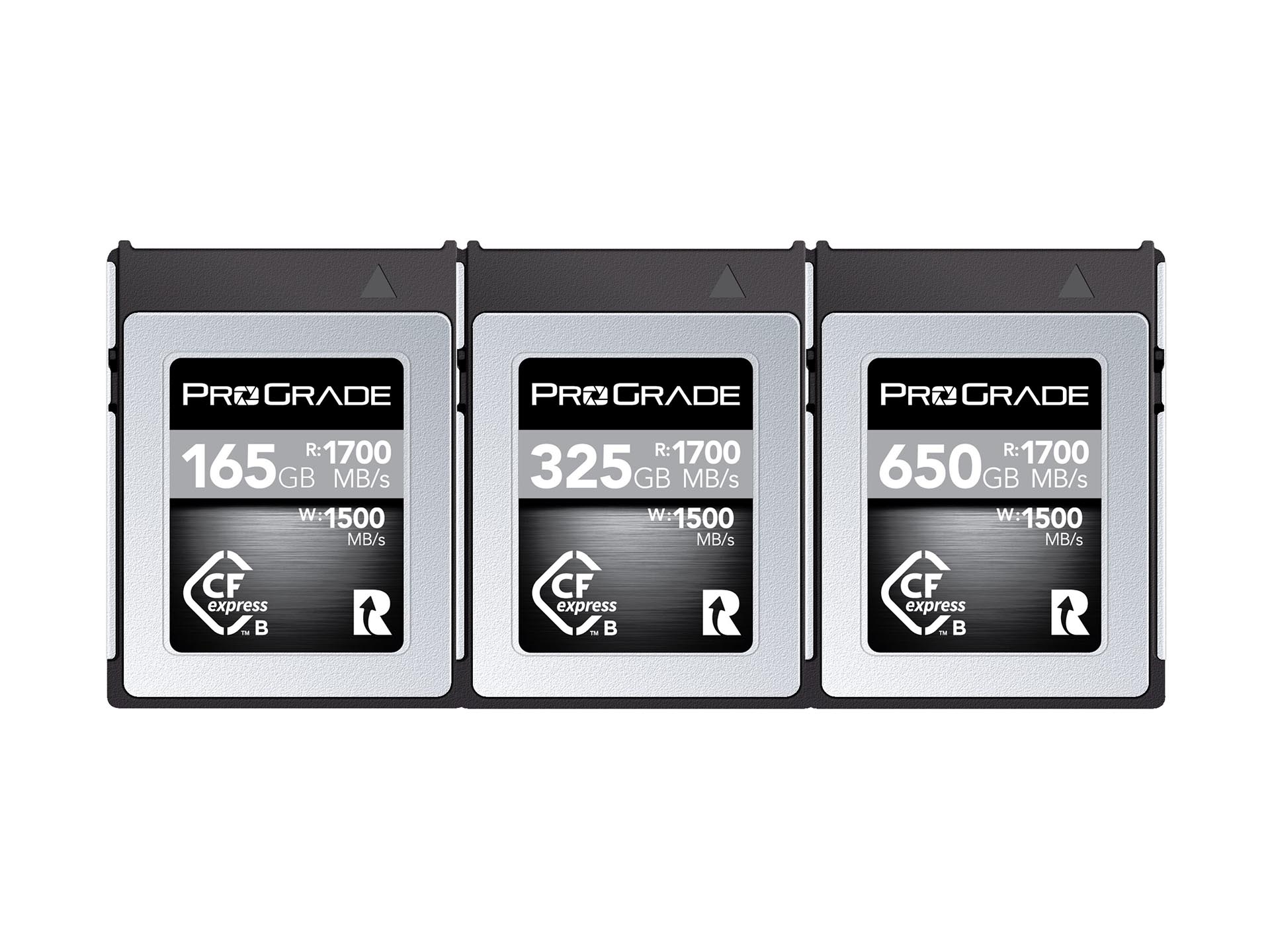 左からCFexpress Type B COBALT 165GB、同325GB、同650GB。ProGrade Digitalの最速CFexpressとして長らくハイエンドユーザーに支持されてきた