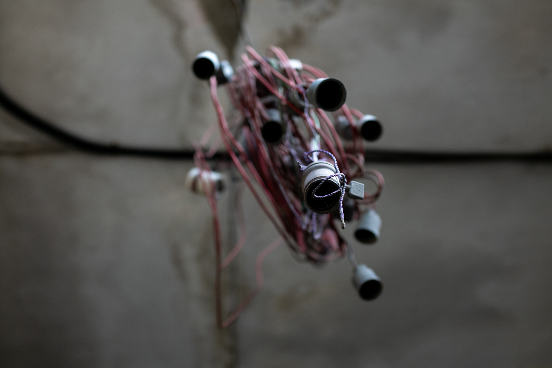 廃屋の下に電球のソケットが束ねてありました。下からぱちっと撮影しただけですが、奇妙な写真になり。<br><span class="fnt-85">RX1RII／35mm／絞り優先AE（1/1,000秒、F2.8、−1.3EV）／ISO 400</span>