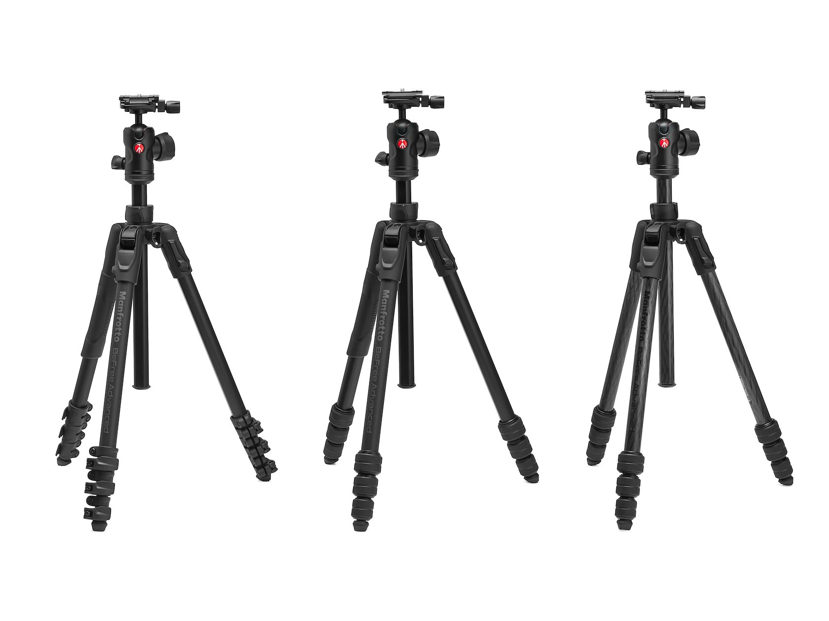 左からアルミニウムのレバーロック、同素材のツイストロック、カーボンのツイストロック