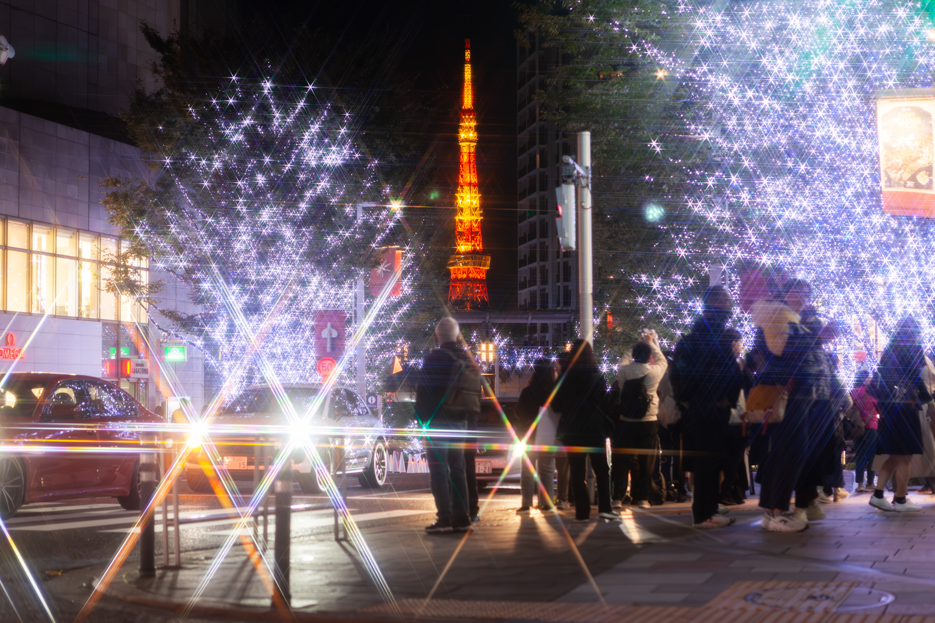 けやき坂上付近からはイルミネーションに挟まれた東京タワーが見える