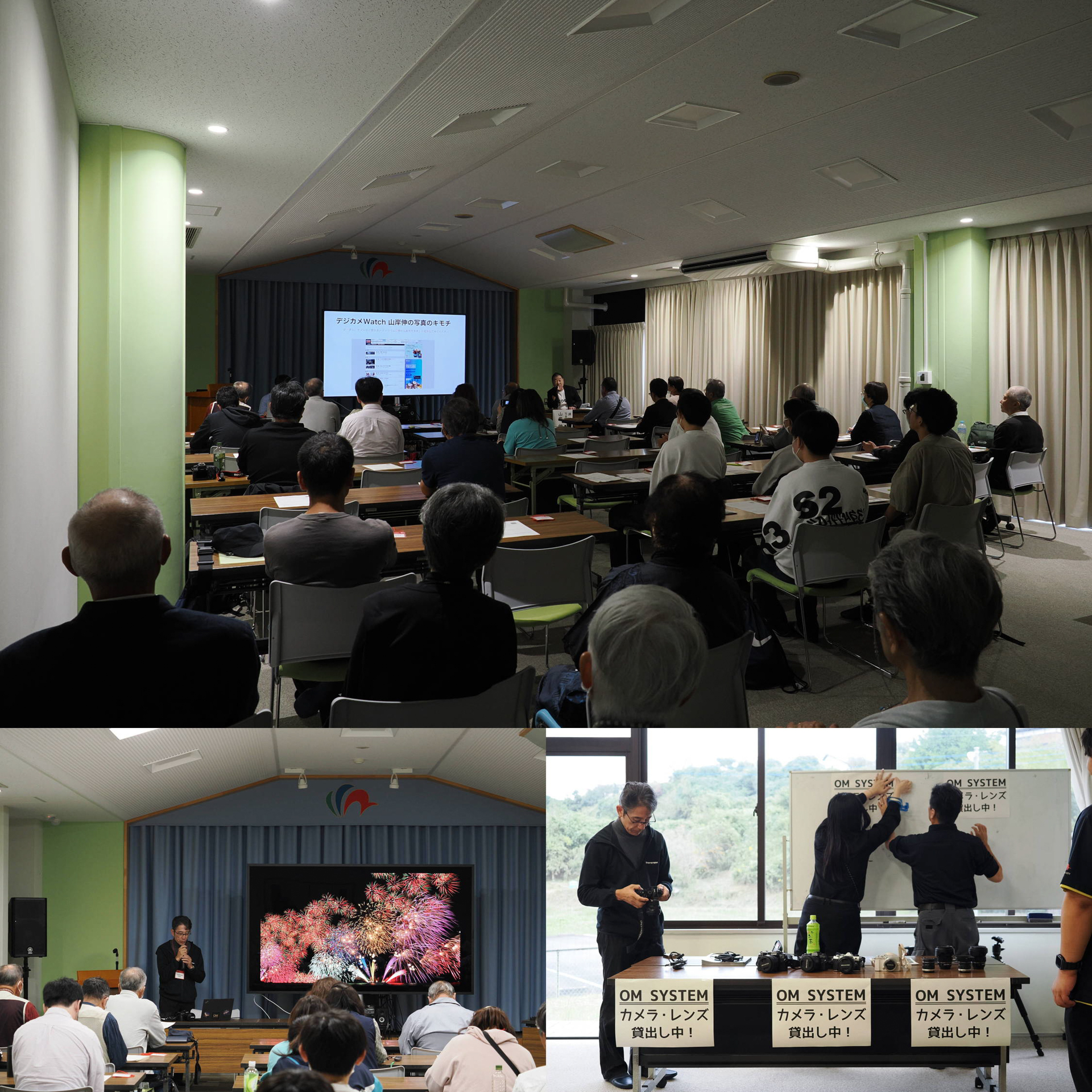 （上）私の写真講座の様子（左下）香嶋さんによる花火撮影講座（右下）OM SYSTEMの機材レンタル