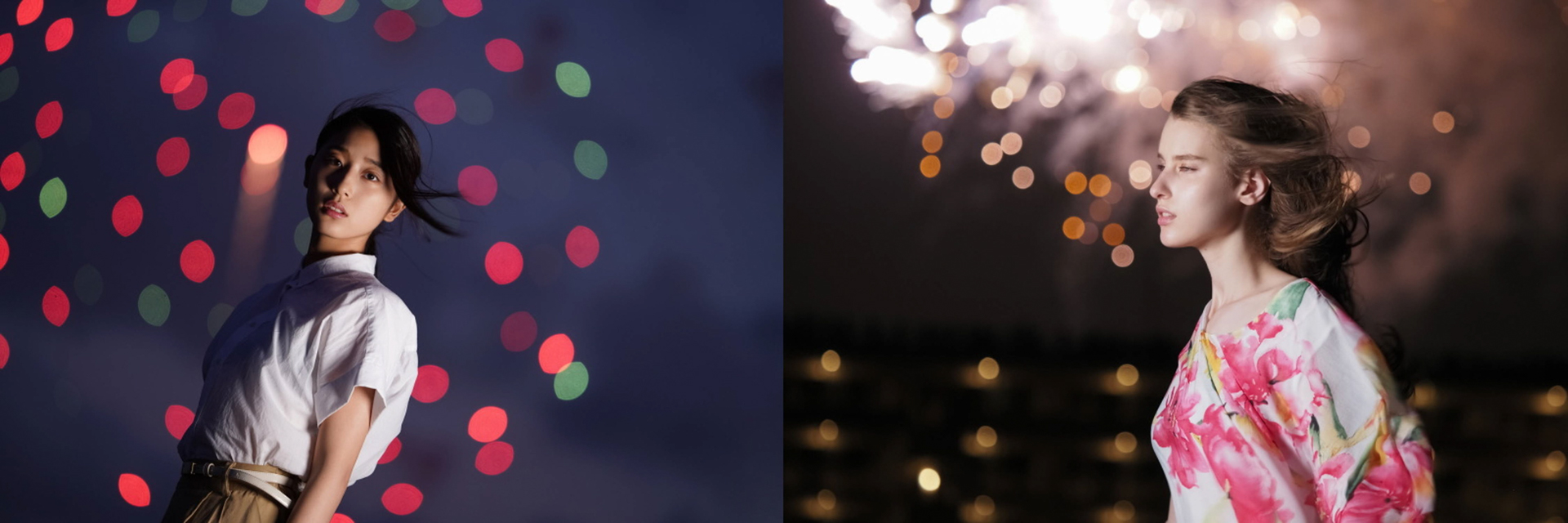 隅田川花火大会にて　（左）ソニーα7R III / FE 70-200mm F2.8 GM OSS / 絞り優先AE（F2.8・1/100秒）/ ISO 400 モデル：竹内茉音 （右）OLYMPUS OM-D E-M1X / M.ZUIKO DIGITAL ED 40-150mm F4.0 PRO / 絞り優先AE（F2.8・1/60秒・-0.3EV）/ ISO 800 モデル：アリシア