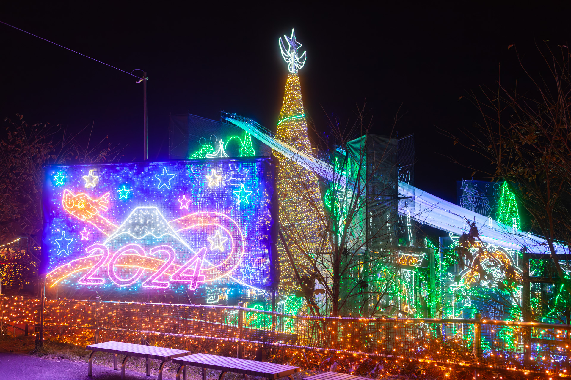 輝く森の宮殿を見下ろす場所には富士山や干支のイルミネーションもあった