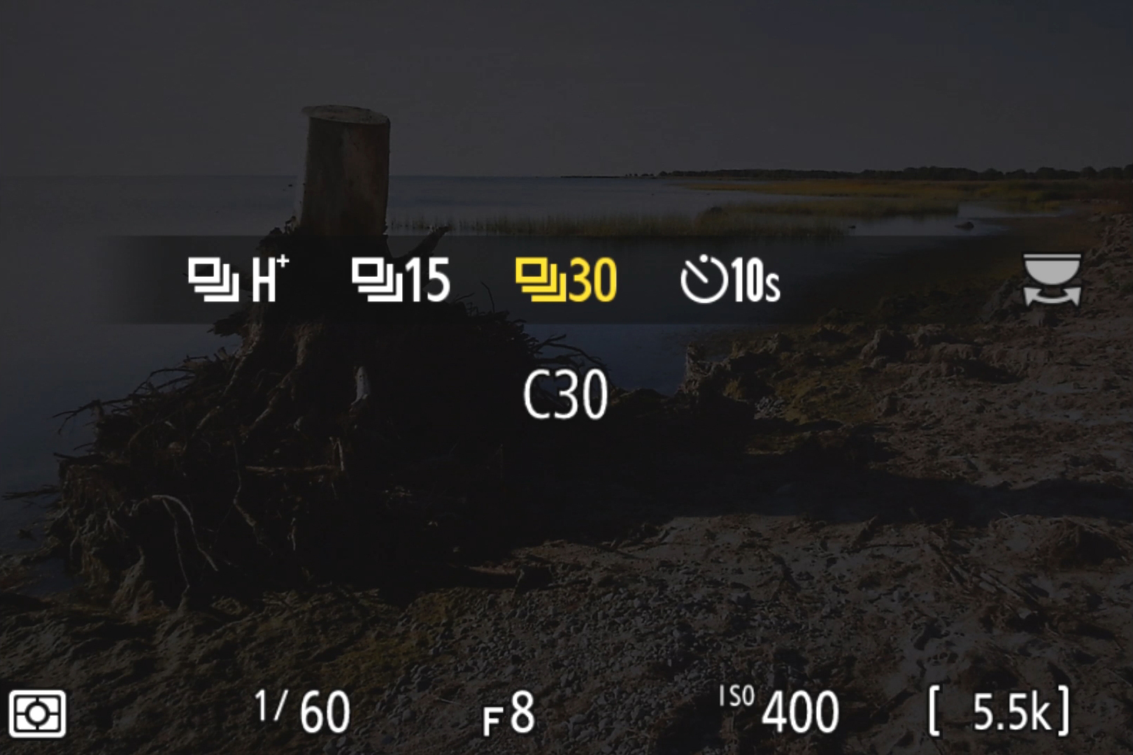 レリーズモードのハイスピードフレームキャプチャ「C30」を選択すると、約30コマ/秒の連写が可能となる