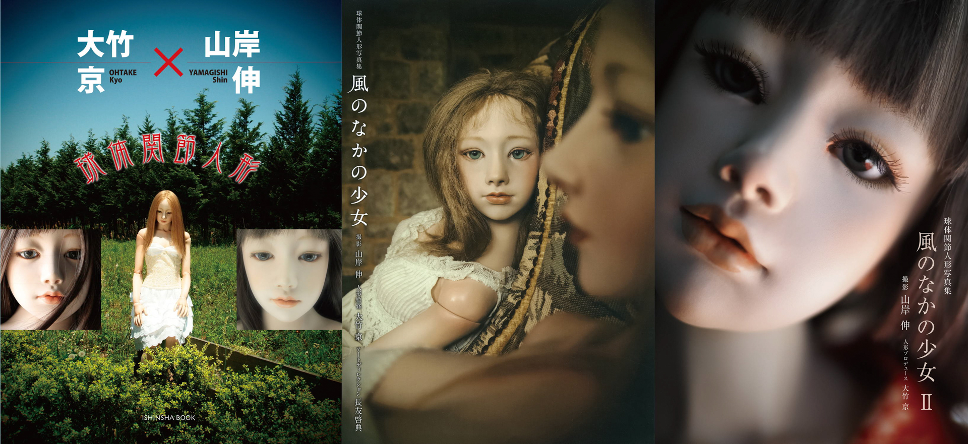 左から過去に出版した『球体関節人形 大竹京×山岸伸』（亥辰舎、2010年）、『風のなかの少女』（徳間書店、2016年）、『風のなかの少女Ⅱ』（日本写真企画、2021年）