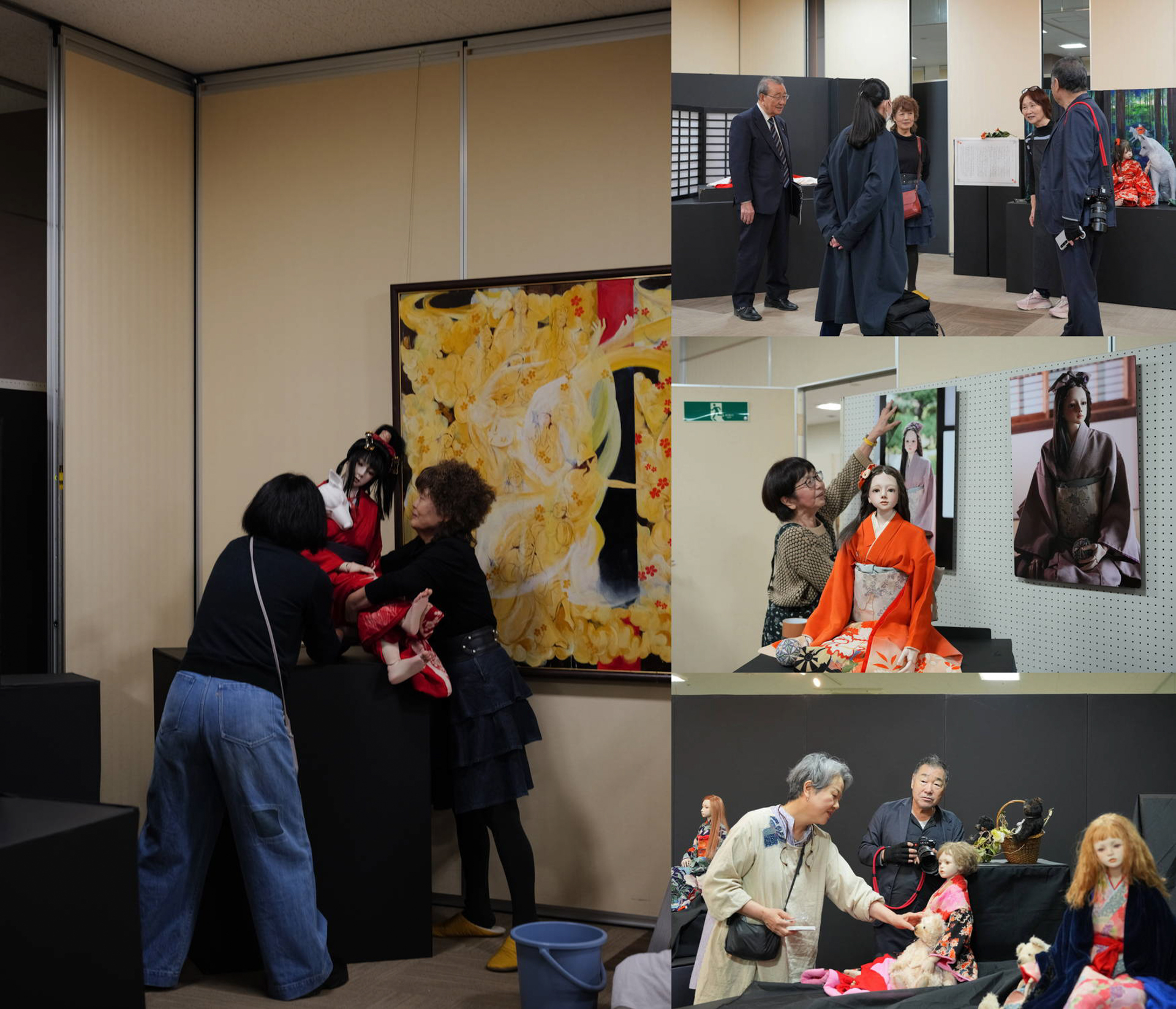 （左）大竹先生の飾りつけの様子（右上）大竹先生、中山さん、渡辺さんと（右中）森川ゆみさんの作品の後ろには私が撮影した写真が飾られていた（右下）加藤文目さんと