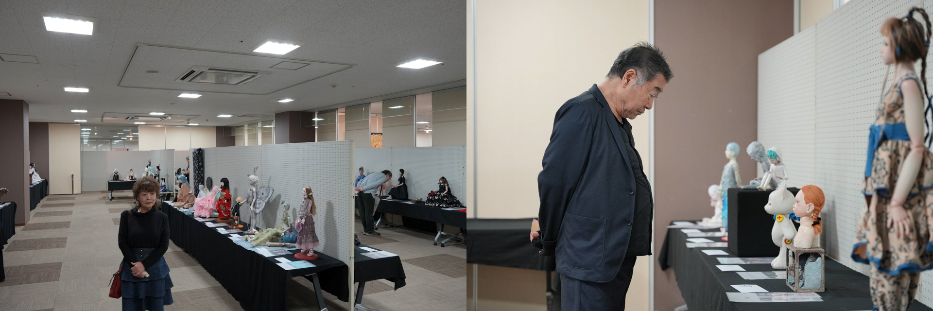 （左）実行委員会長である大竹先生は審査員には加わらずに審査を見守る（右）人形と置かれている衣装を着ていない状態の写真を確認し審査をする