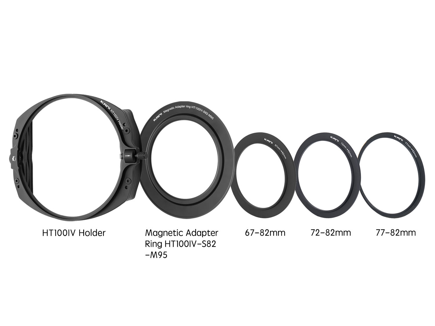 ホルダーのほかマグネットアダプターリングとステップアップリング3種を同梱する