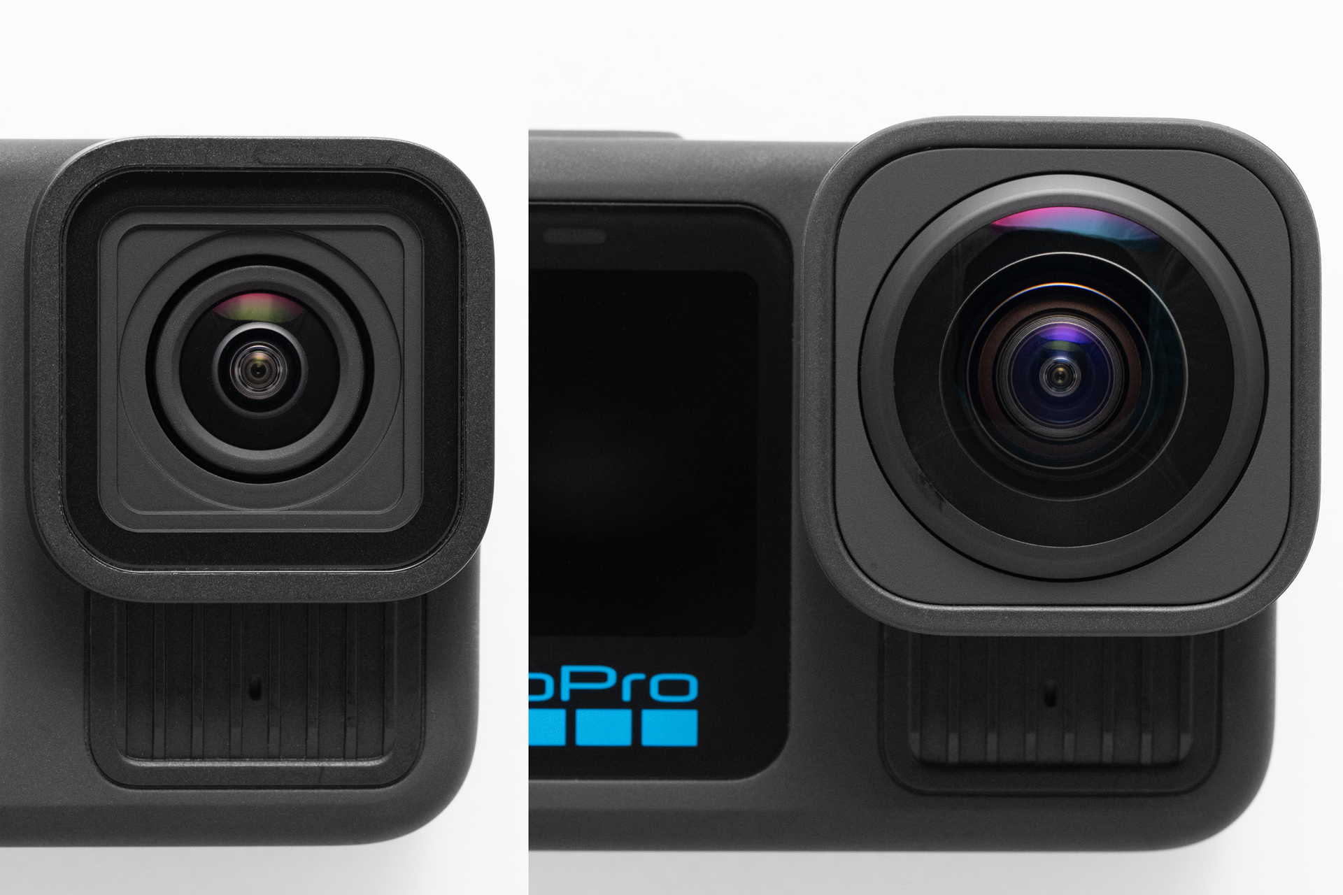 左は標準レンズ、右は超広角レンズモッドを装着した本体。最大視野角が177度とアクションカメラ随一の広さを誇る映像が撮れる。画角を狭くしたいときは、撮影設定でデジタルレンズを狭角タイプにすればいい