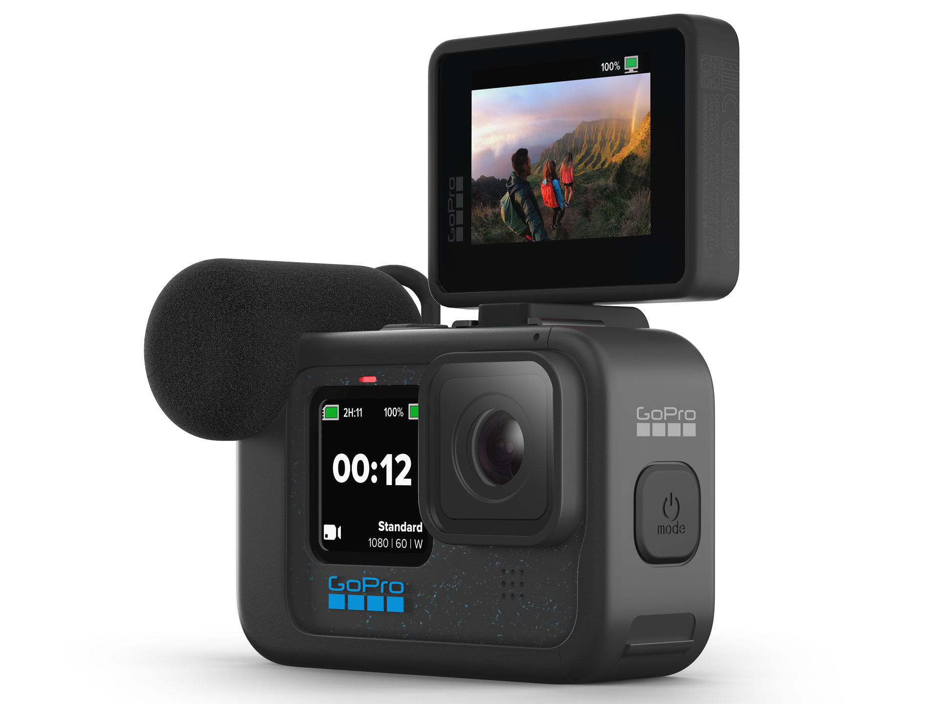 GoProシリーズの伝統は本体の拡張性。ディスプレイモッド・フロントカメラスクリーン（左）やライトモッド（右）など、撮影スタイルに合わせて機能が強化できる（画像のカメラはHERO12）