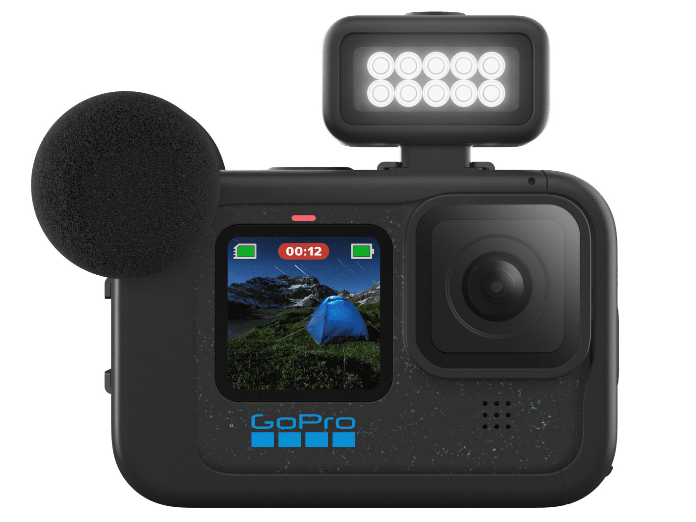 GoProシリーズの伝統は本体の拡張性。ディスプレイモッド・フロントカメラスクリーン（左）やライトモッド（右）など、撮影スタイルに合わせて機能が強化できる（画像のカメラはHERO12）