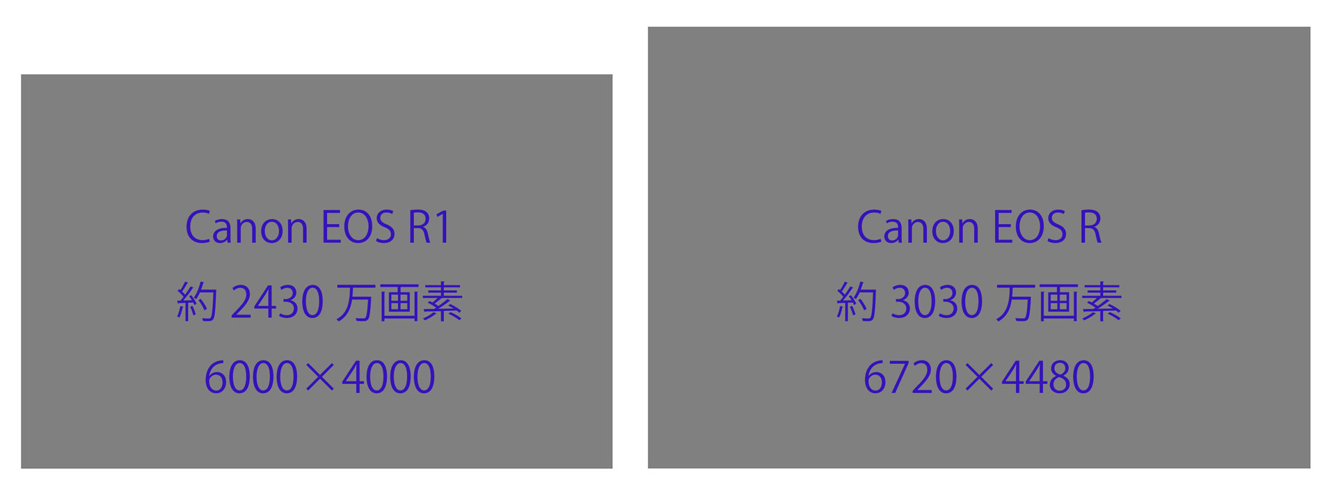2,400万画素と3,000万画素の違いわかりやすくするため、同じ解像度設定でプリントした場合のプリントサイズを図で表してみた。サンプルにしたのは同社のEOS R（有効画素数約3,030万）。画素数は基本的に縦と横を掛け合わせた数字であることから数値は大きくとも、実際の差はそれほどではないと感じる人が多いのではないだろうか