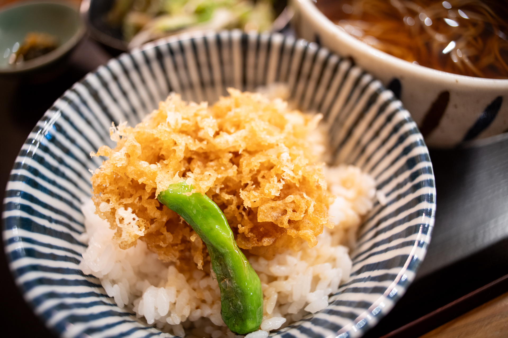 お昼ご飯はかき揚げ丼でさくさくと。寄れますねえ。絞りは開いていましたが。歪曲収差はこうした条件では気にならないですね。超広角であることも気になりません。<br><span class="fnt-85">ソニー α7C／SIGMA SUPERWIDE II 24mm F2.8 MACRO／24mm／絞り優先AE（1/20秒、F4.0、−0.3EV）／ISO 800</span>
