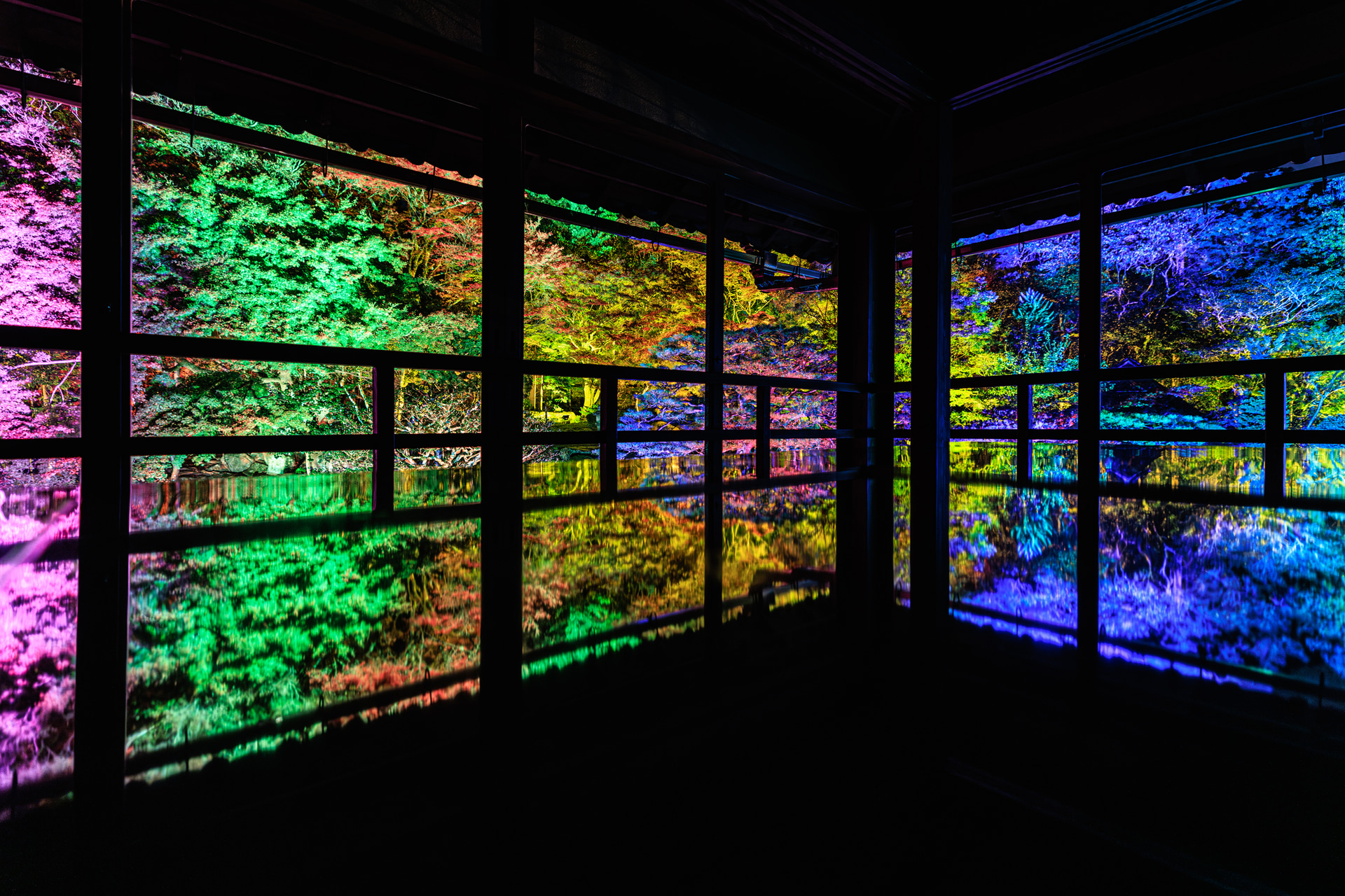 旧竹林院のライトアップイベント。超広角の15mmでカラフルに染まる庭の様子をリフレクションとともに写し込んだ。複雑な色が破綻することなく描き分けられている<br><span class="fnt-85">キヤノン EOS R5 Mark II／RF15-35mm F2.8 L IS USM／15mm／絞り優先AE（F2.8、1秒、－0.3EV）／ISO 800／WB：オート</span>