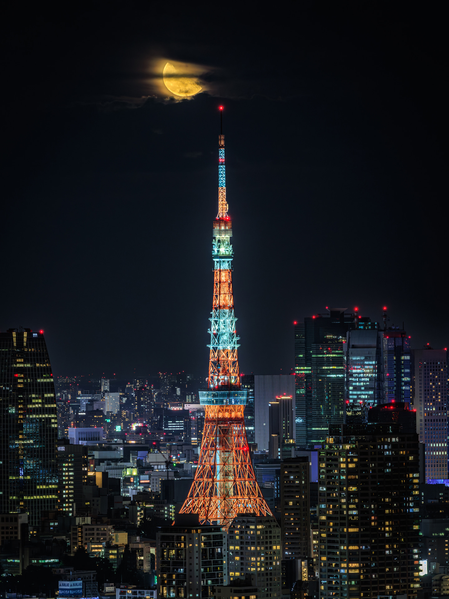 自然が作り上げた月と、人の手で作られた東京タワーを組み合わせるというテーマで撮影。理想的な構図にトリミングするために、カメラ内アップスケーリングを活用している<br><span class="fnt-85">キヤノン EOS R5 Mark II／RF70-200mm F2.8 L IS USM／200mm／絞り優先AE（F6.3、1/2秒、±0EV）／ISO 320／WB：オート／カメラ内アップスケーリング</span>