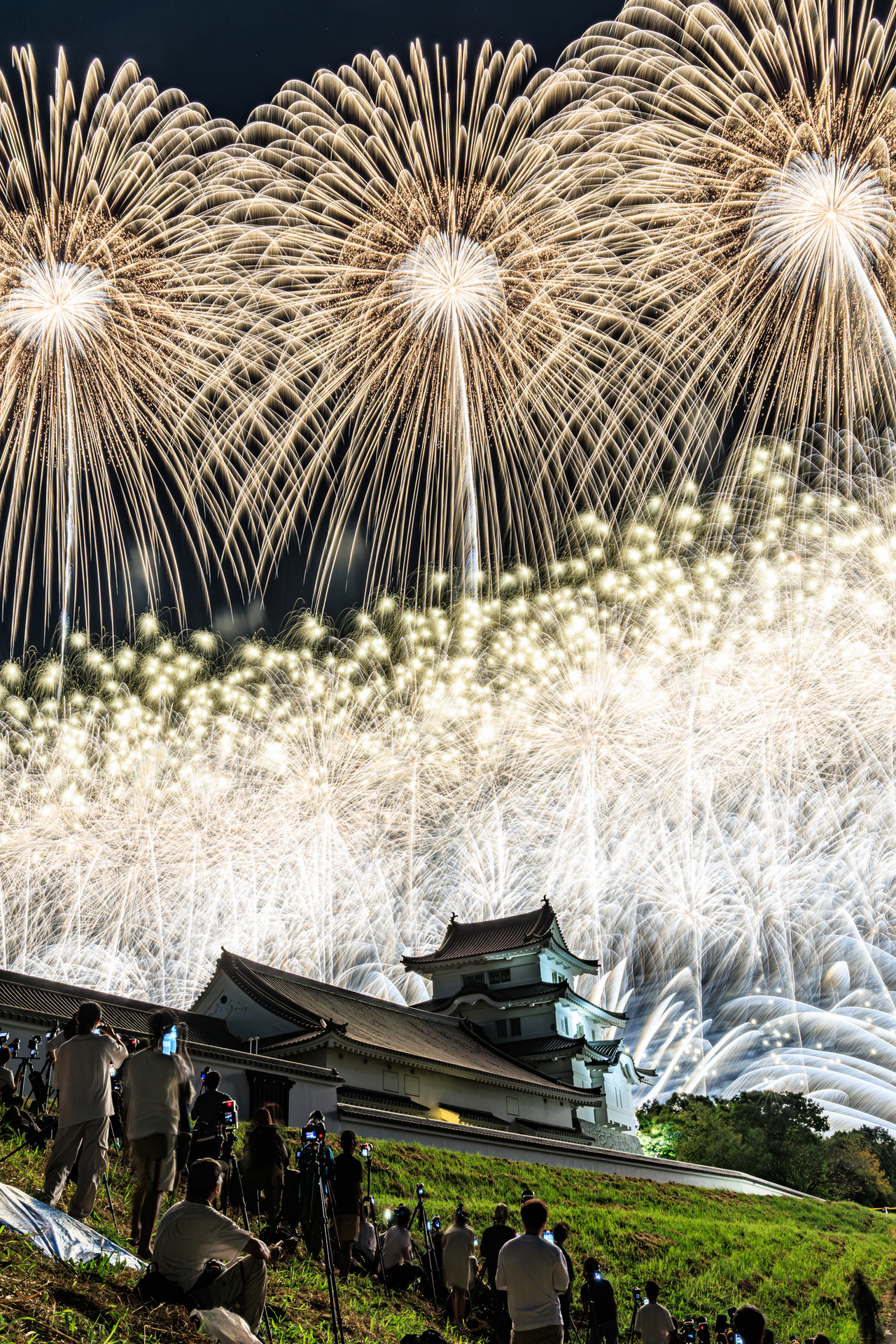 関宿城から利根川大花火大会を撮影。広角寄りの画角であえて前景に人を入れることで、大輪の花火を見上げるスケール感を引き出した<br><span class="fnt-85">キヤノン EOS R5 Mark II／RF24-70mm F2.8 L IS USM／30mm／マニュアル露出（F14、8.6秒）／ISO 100／WB：オート</span>