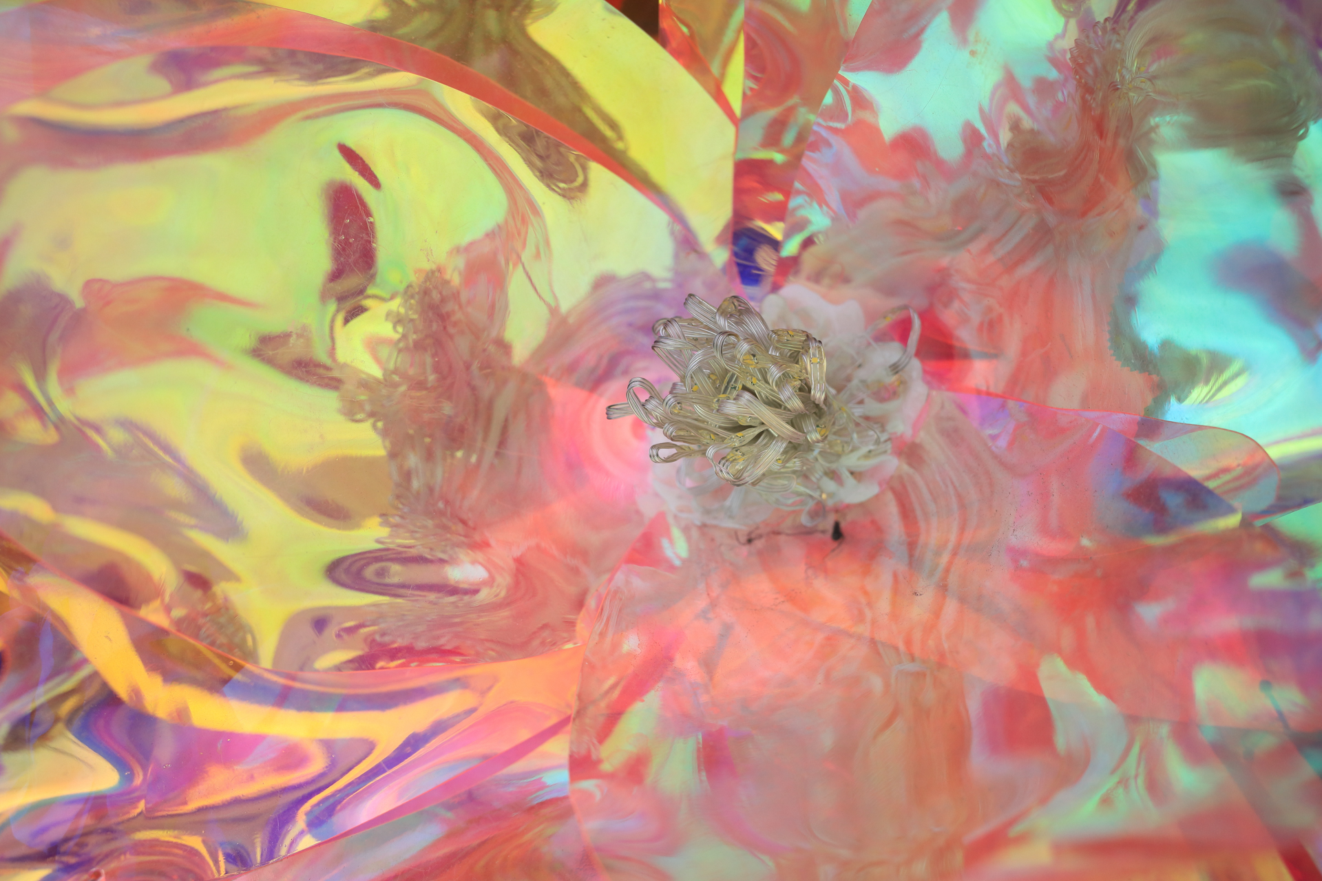 花のイルミネーションです。点灯前に撮りました。いろいろなリフレクションが抽象画みたいになりました。これも優れた階調再現ですね。<br><span class="fnt-85">キヤノン EOS RP／RF28mm F2.8 STM／28mm／絞り優先AE（1/1,000秒、F5.0、±0.0EV）／ISO 400</span>