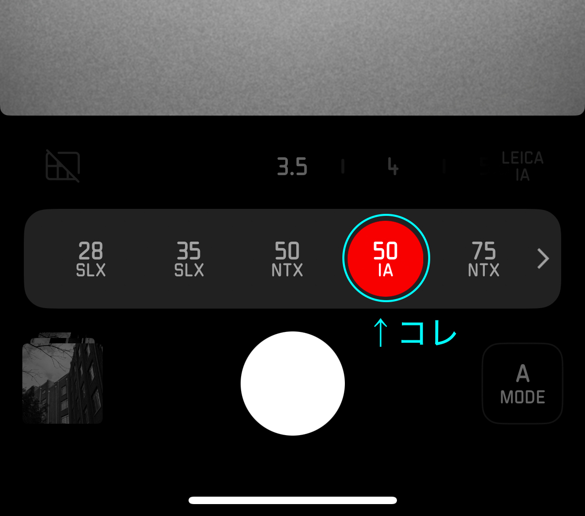 「50 IA」を選ぶ。ここではLeica Lookもモノクロの「LEICA IA」に固定される