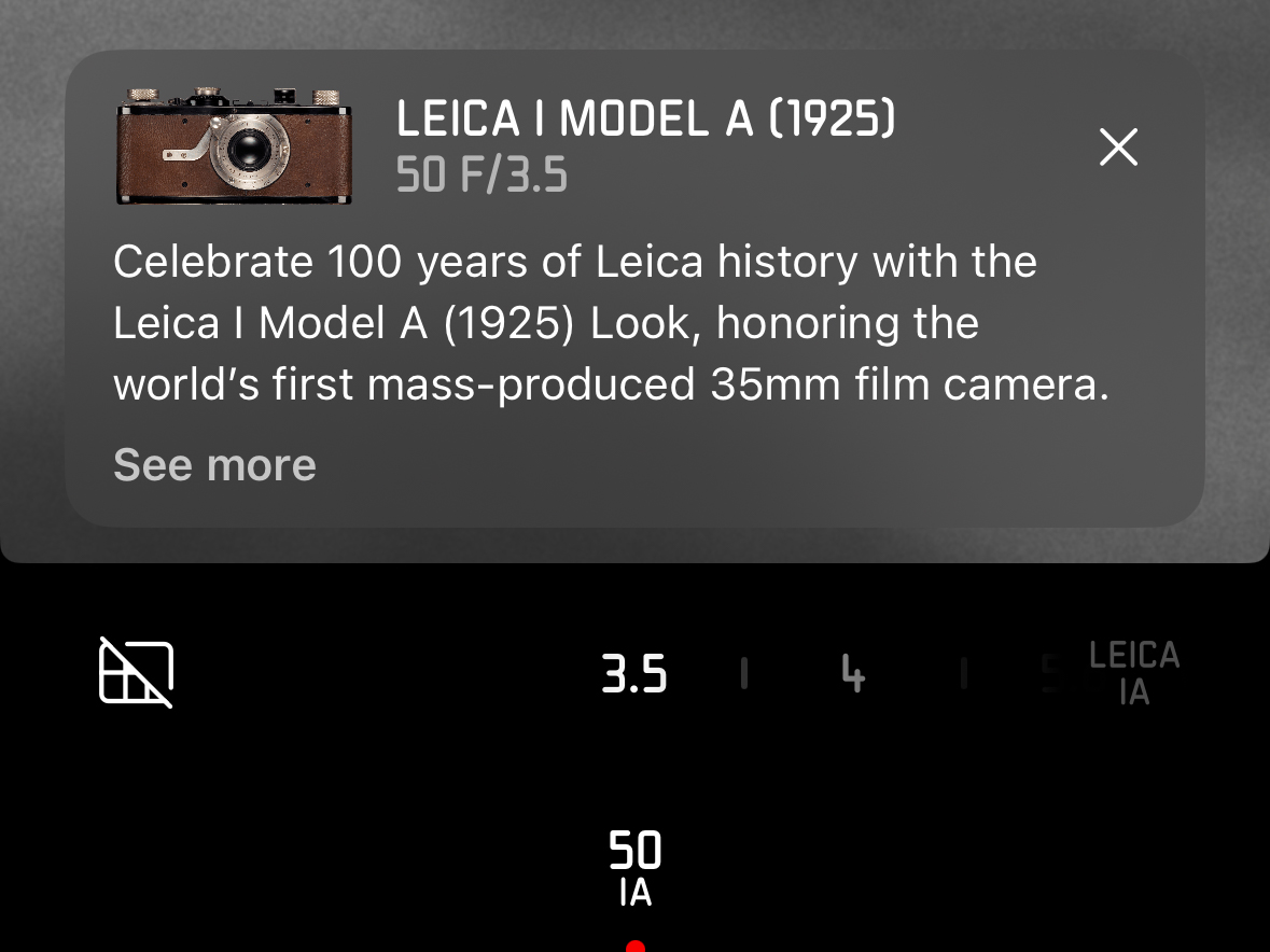 レンズ選択に「50 IA」（ライカI型の50mmレンズという意味）が追加