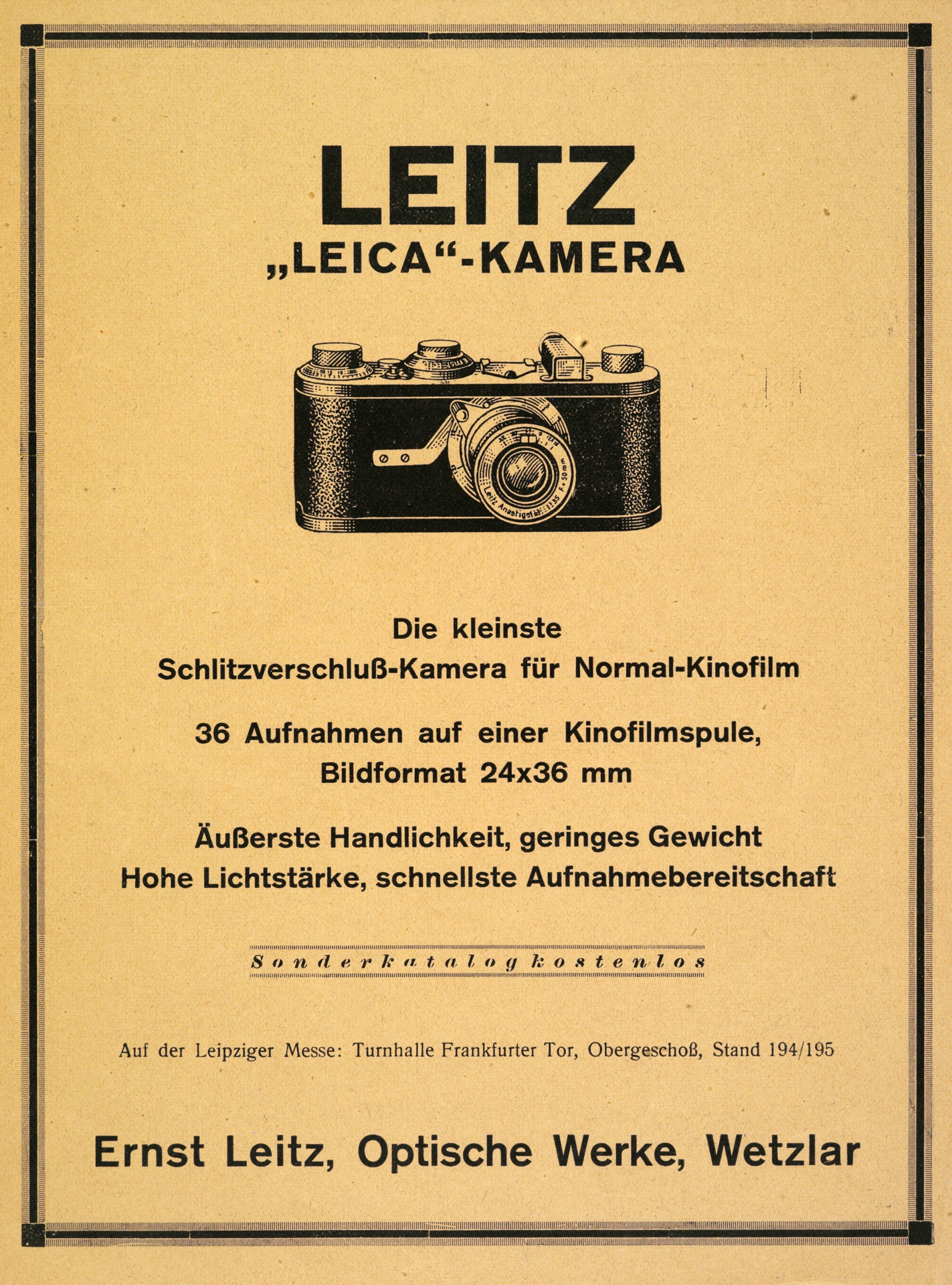 1925年当時の広告。映画用フィルムを使った最小のフォーカルプレーンシャッターカメラ、24×36mmフォーマットの36枚撮り、扱いやすく軽量、明るいレンズ、撮影準備が迅速といった特徴を記載