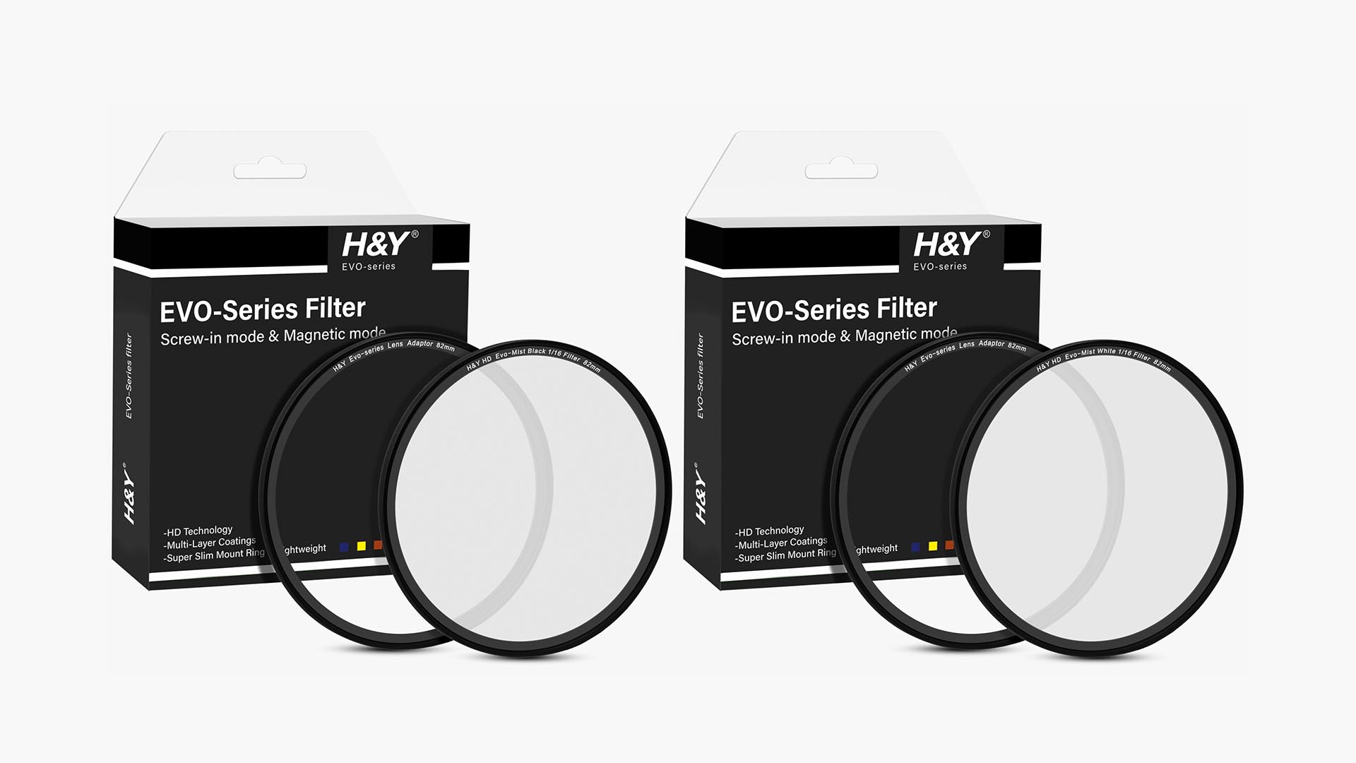 左からEVOシリーズ ブラックプロミストフィルターキット 1/16、EVOシリーズ ホワイトプロミストフィルターキット 1/16