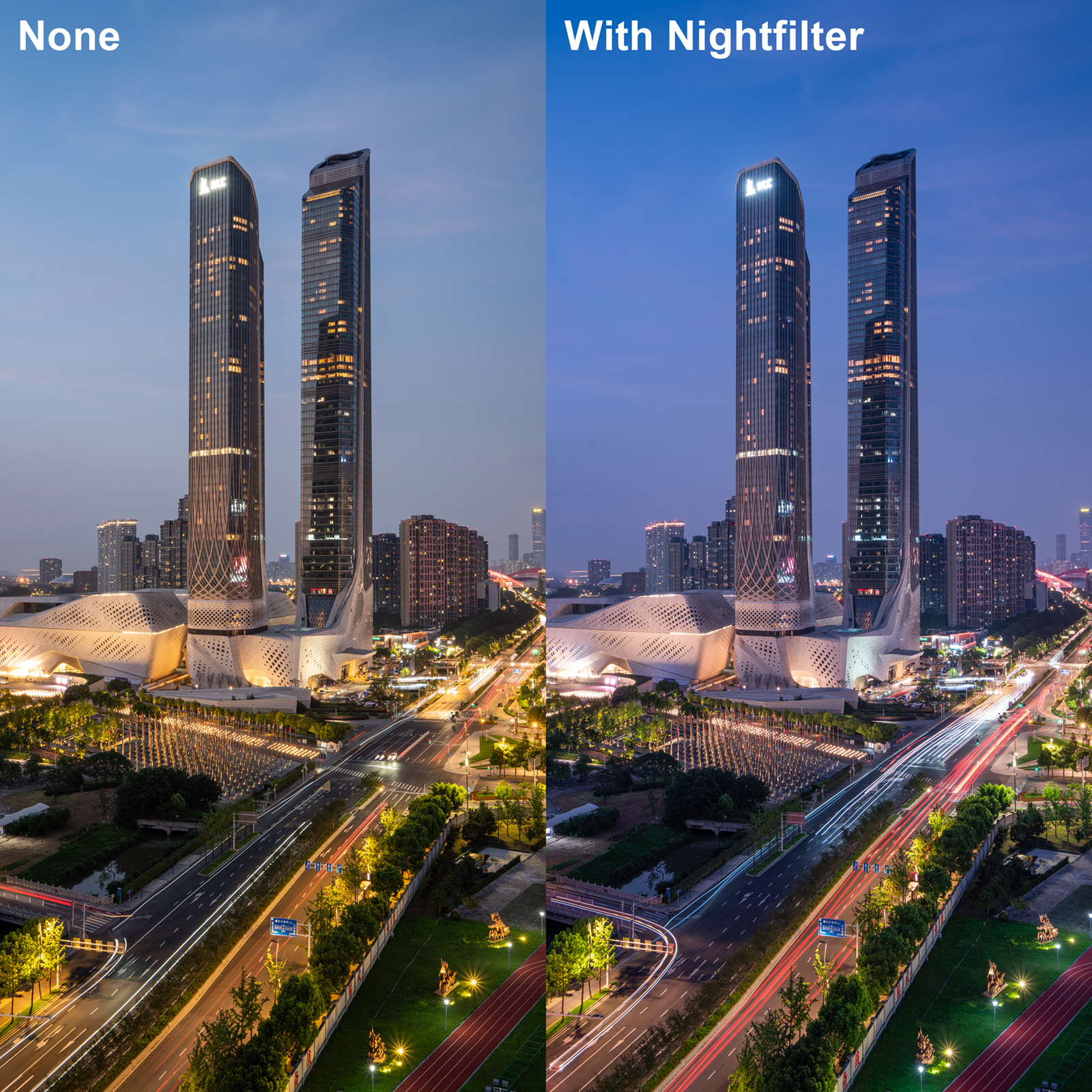 （左）フィルターなし、（右）Nightフィルターあり