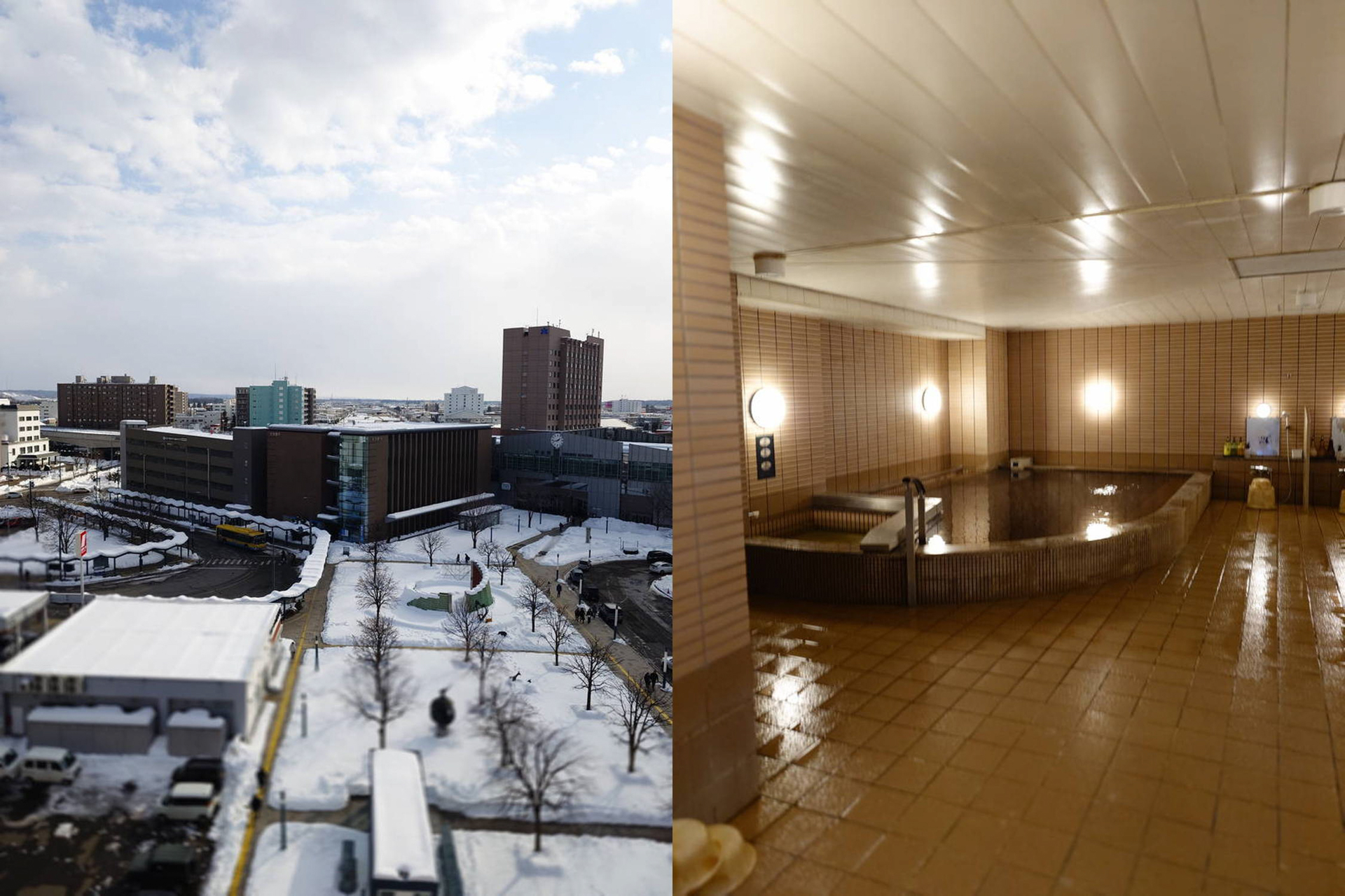 （左）ホテルの部屋からの眺め（右）モール温泉は植物性の有機物を多く含み、とろとろとした手触りや飴色に近い湯色が特徴