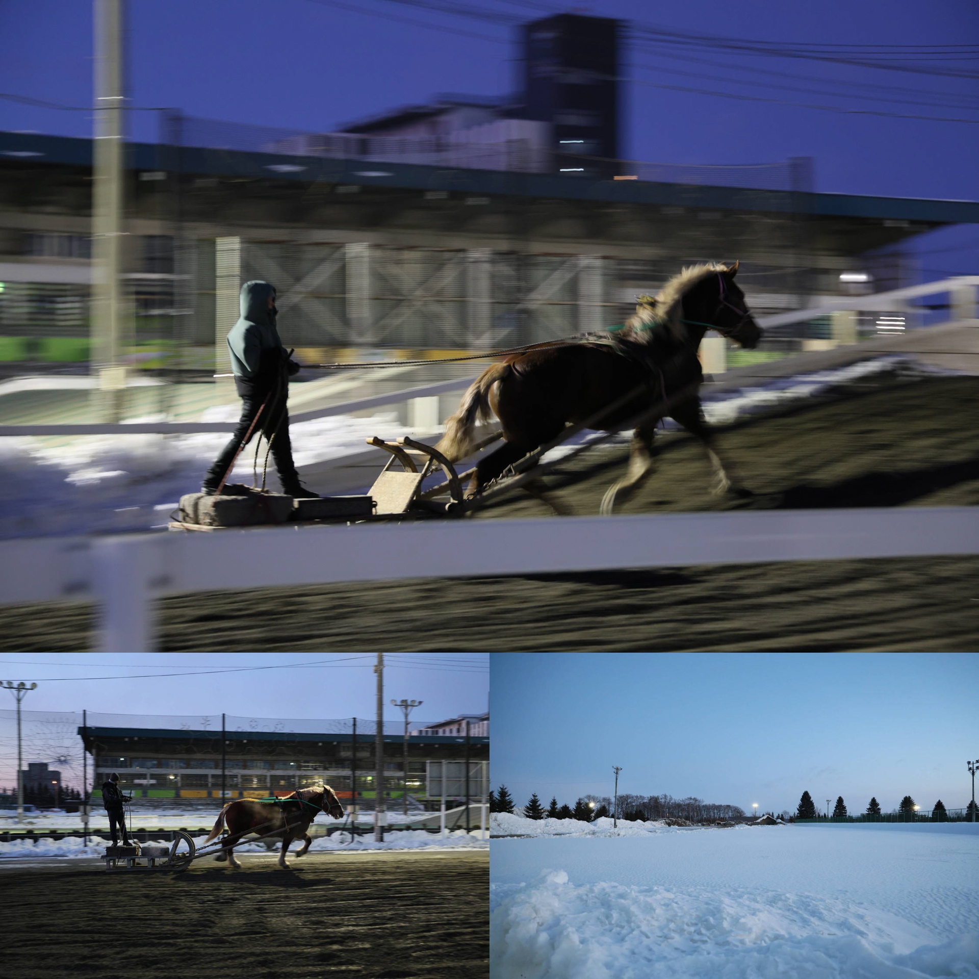 日の出前から撮影開始。　共にキヤノン EOS R6 Mark II／RF24-105mm F4L IS USM／絞り優先AE（F4）／ISO 3200（上）1/20秒、−0.3EV（左下）1/40秒、＋0.7EV （右下）1/100秒、＋0.7EV