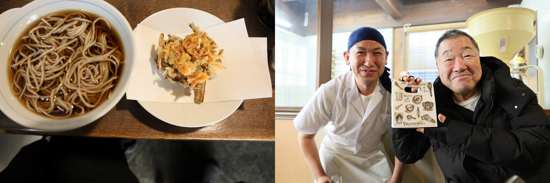 （左）ごぼう天そば（右）若旦那と。少し遅めのバレンタインということでマカロンをいただいた