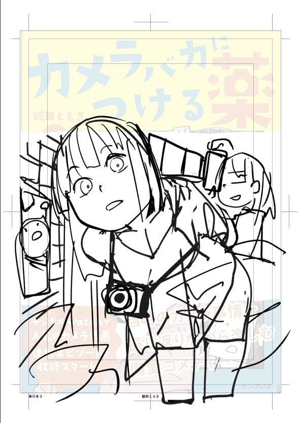 ほかの構成案2つ。過去2巻では大きく扱われていたカメラのビジュアルを今回は控えめにし、キャラクターを前面に押し出す案も検討したが、「動きがある」という理由から最終的にはカメラを強調したデザインを採用した