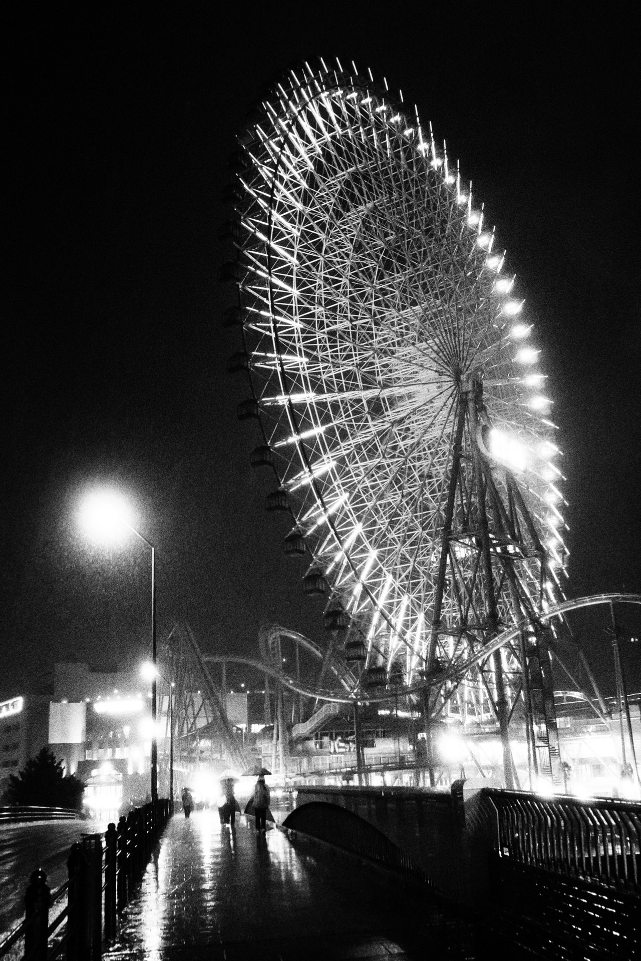 大降りの雨の夜、横浜の観覧車を狙った。防塵・防滴ボディとレンズの組み合わせのおかげで、このような悪条件でも水の侵入を気にせず安心して撮影できた。傘を差していても取り回しやすい機動力の高さを改めて実感した<br><span class="fnt-85">M.ZUIKO DIGITAL 17mm F1.8 II／17mm（34mm相当）／プログラムAE（F3.2、1/80秒、±0EV）／ISO 6400／WB：オート</span>