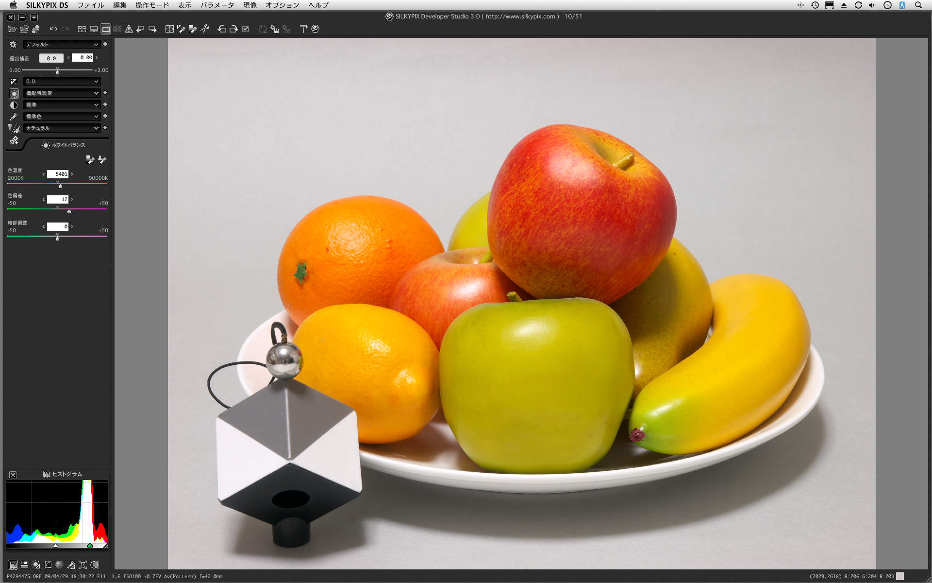 <b>SpyderCUBEを入れた画像と本番の撮影を終えたら、まずSpyderCUBEを入れた画像をRAW現像ソフトで開く。なおここでは、市川ソフトラボラトリーの汎用現像ソフト「SILKYPIX Developer Studio 3.0」を使用。オートホワイトバランスでは、やや赤っぽい色だ</b>