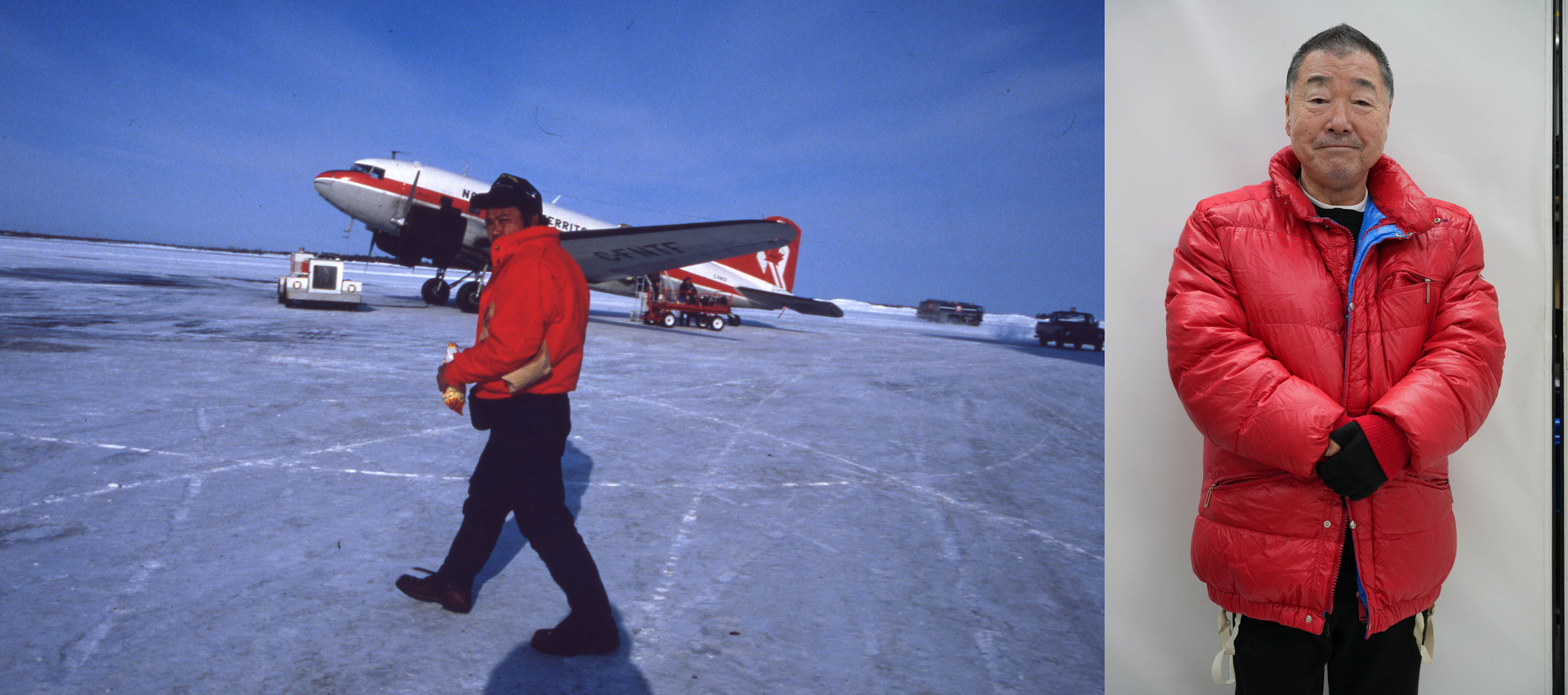 （左）西田さん、レゾリュートにて（右）当時西田さんと同じく購入した赤いダウンを今も大切に持っている