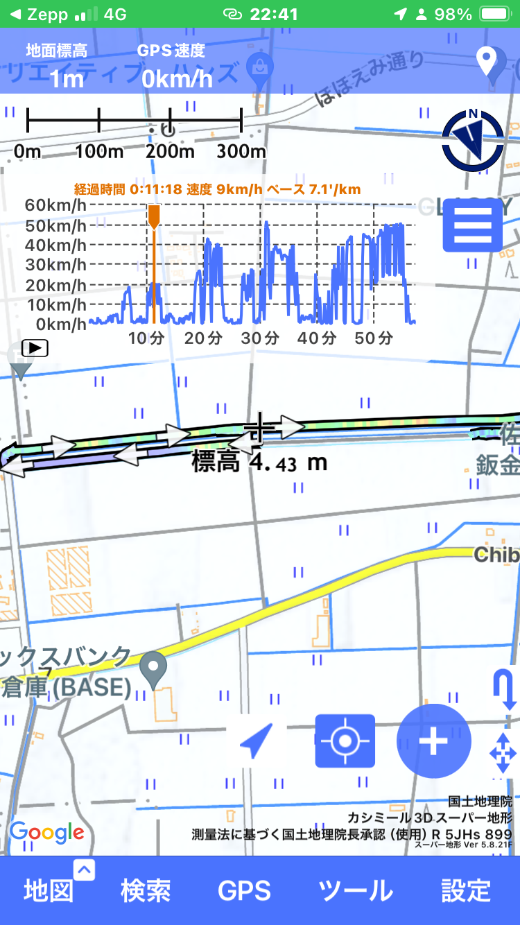 スーパー地形での表示。グラフ上部に時刻情報が表示される