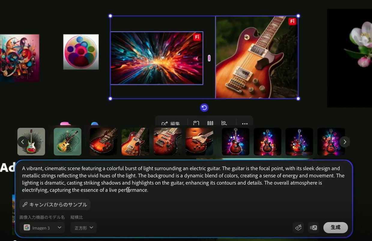 アセット同士を選択してリミックスを選択すると、プロンプトが自動生成され、複数のアセットを組み合わせた新たなコンテンツを生成してくれる
