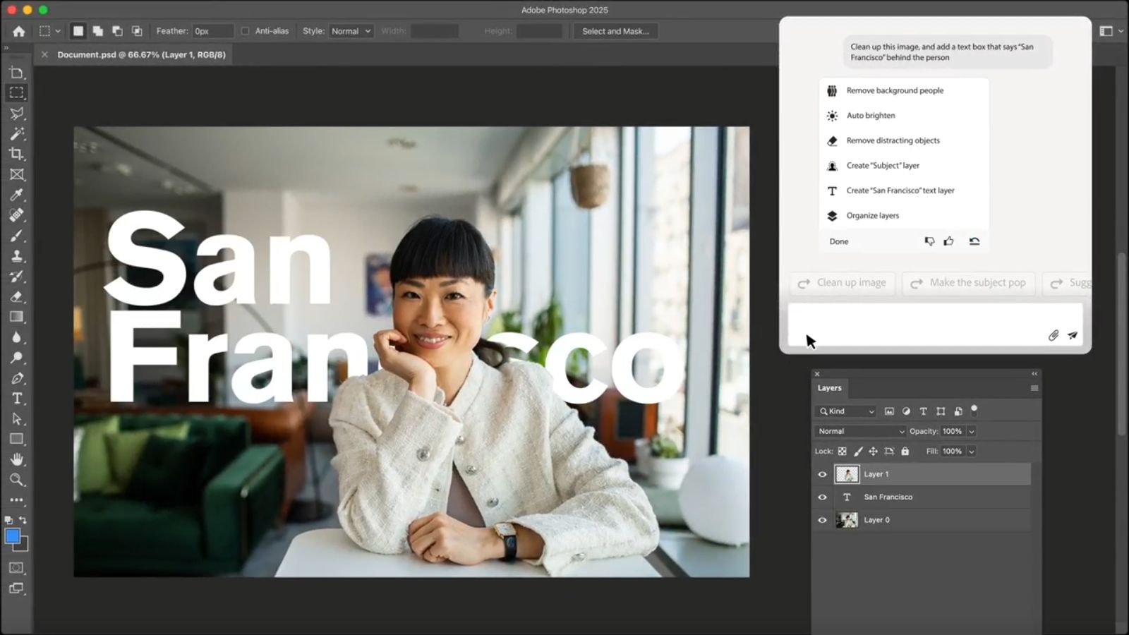 これはテキストプロンプトによってPhotoshopの操作を行うアクションパネルの例。画像に「サンフランシスコ」の文字を人物の後ろに追加して、というプロンプトに対して、PhotoshopのAIエージェントが各機能を自動実行している