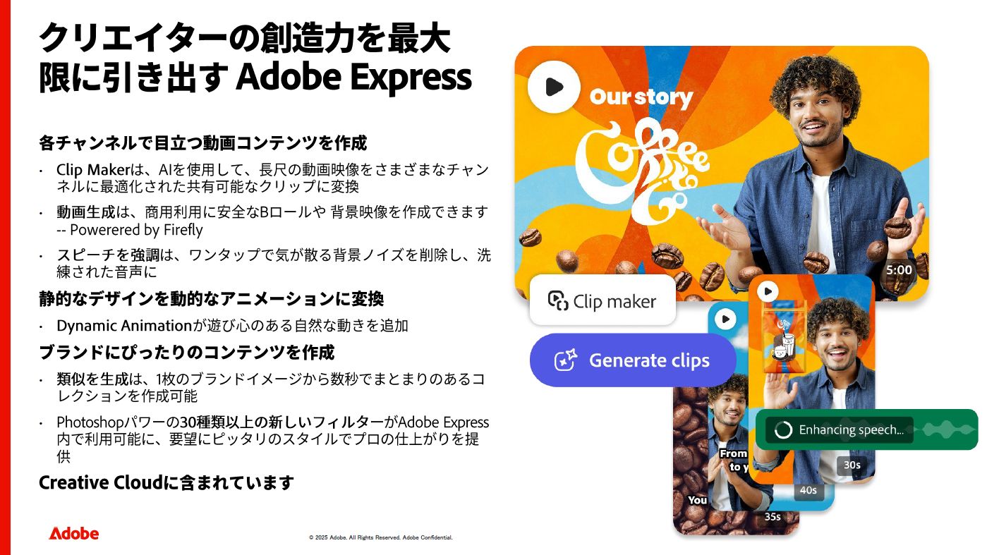 横長動画を登録すると、AIが音声を解析して縦長の短尺動画などを生成してくれるクリップメーカー