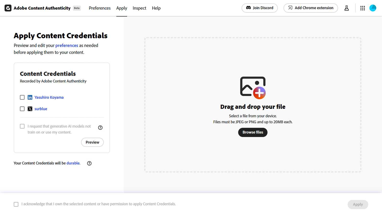 Adobe Content Authenticityの実際の画面。自分のSNSに加えて、AIトレーニングへの利用を拒否する設定も可能
