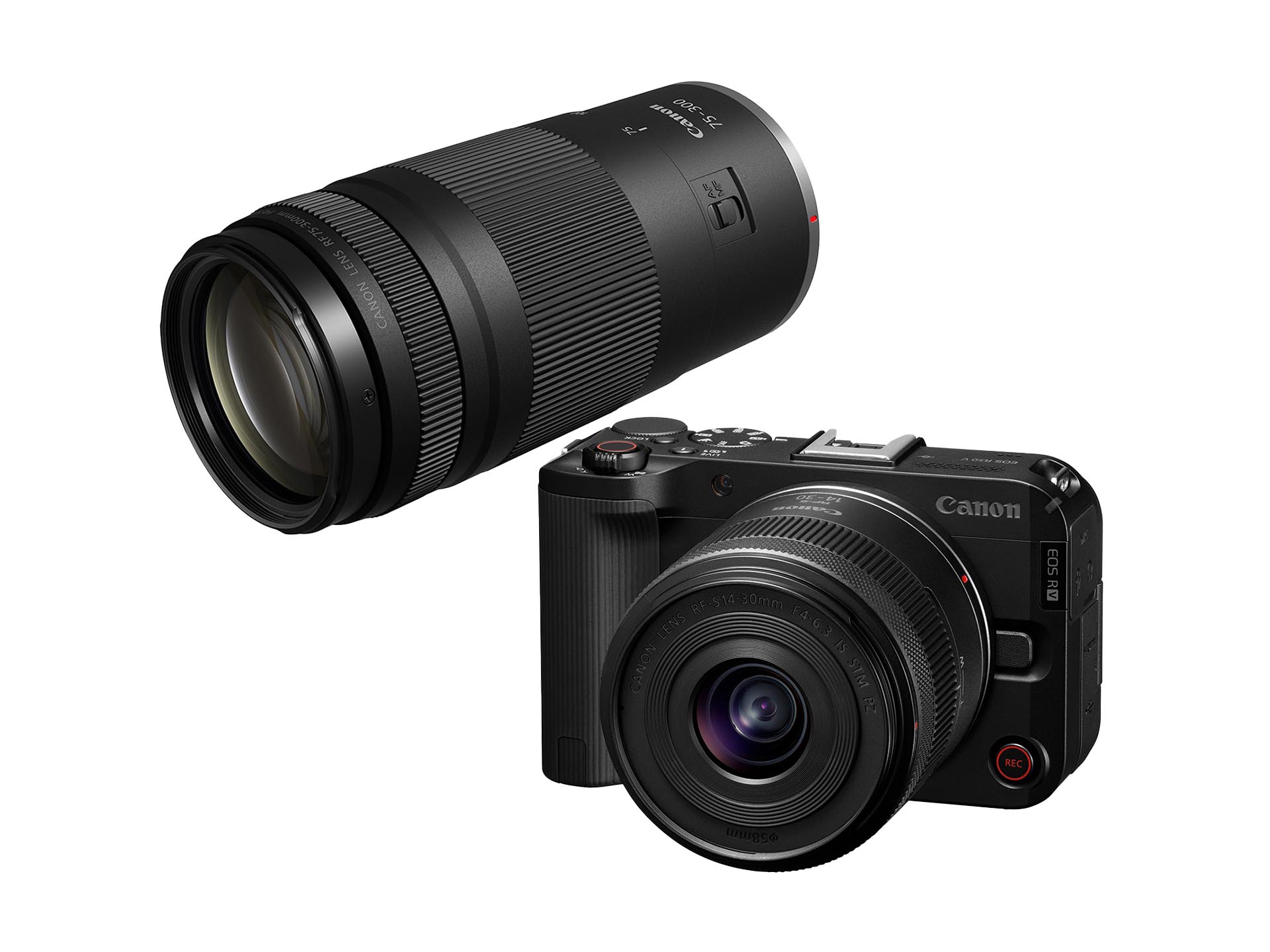 （上から）RF75-300mm F4-5.6、EOS R50 V・RF-S14-30 IS STM PZレンズキット