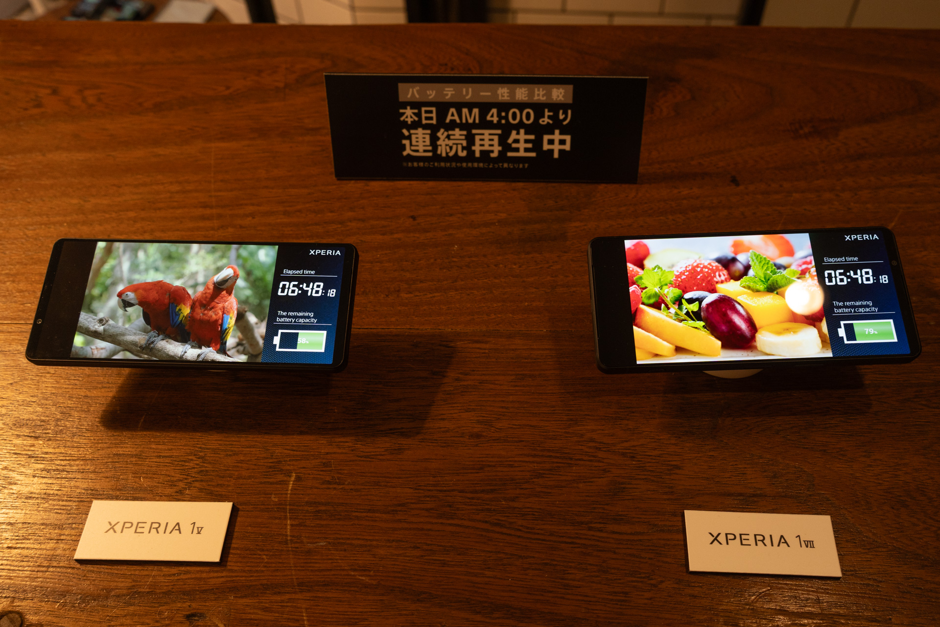 朝の4時から動画を再生しているデモ。7時間弱経って前機種は残り58％なのに対して、Xperia 1 VIIは79％も残っている