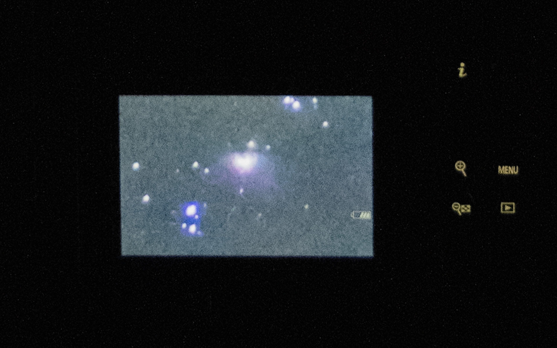 そしてライブビューを最大に拡大したもの。オリオン座にあるメシエ42（オリオン大星雲）がよく写っています。20倍くらいの望遠鏡で見た感じに近いです