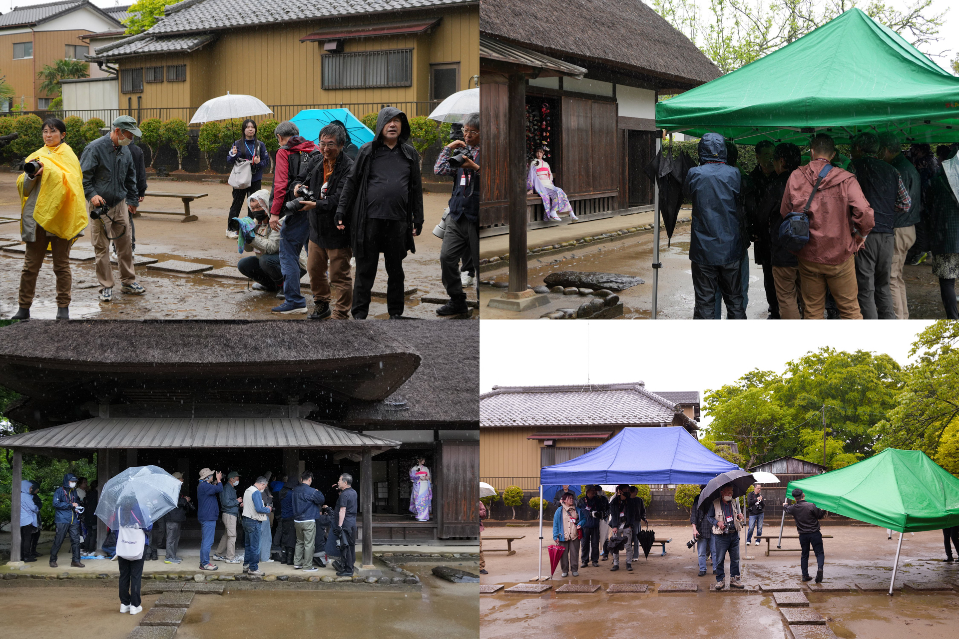 軒先とテントに分かれ交代や移動をしながら撮影。レインコートなどで雨対策をしている方は多少濡れながら動いて撮影していた