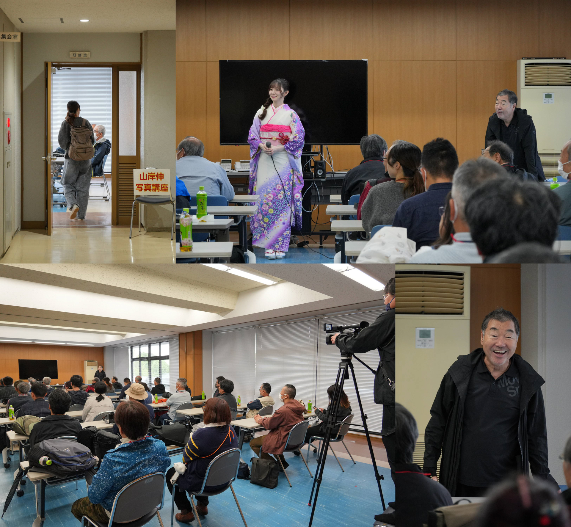 麻生公民館内の1室にて講評会、モデルを務めためるだちゃんと錦生さんも同席し一緒に写真を見る